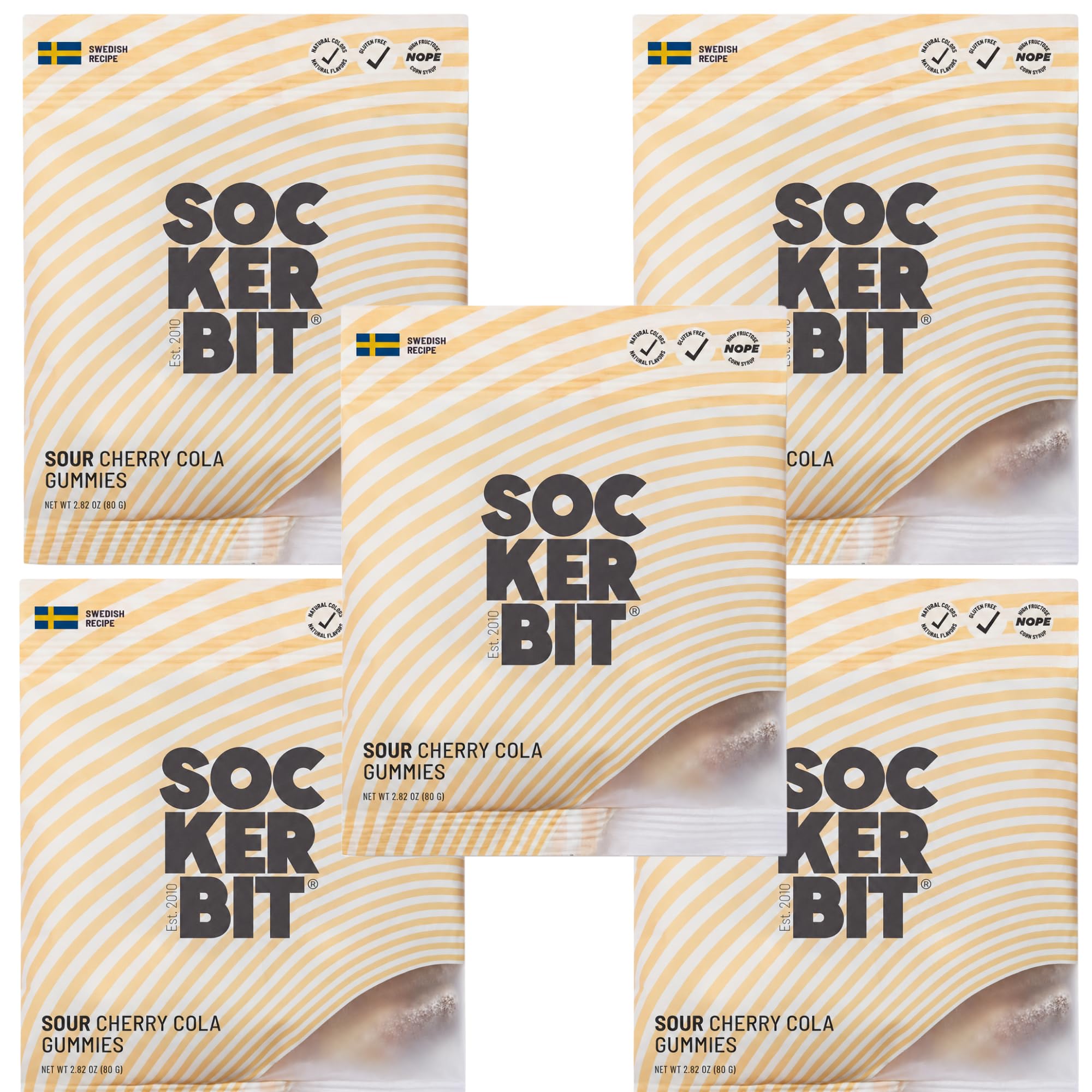 Sockerbit Swedish Candy Sour Cherry Cola Gummies, 5 Bags, Sweet & Sour Candy Bottle Shapes, Sugar-Coated Chewy Gummies, Gluten Free & Non GMO, 2.82oz