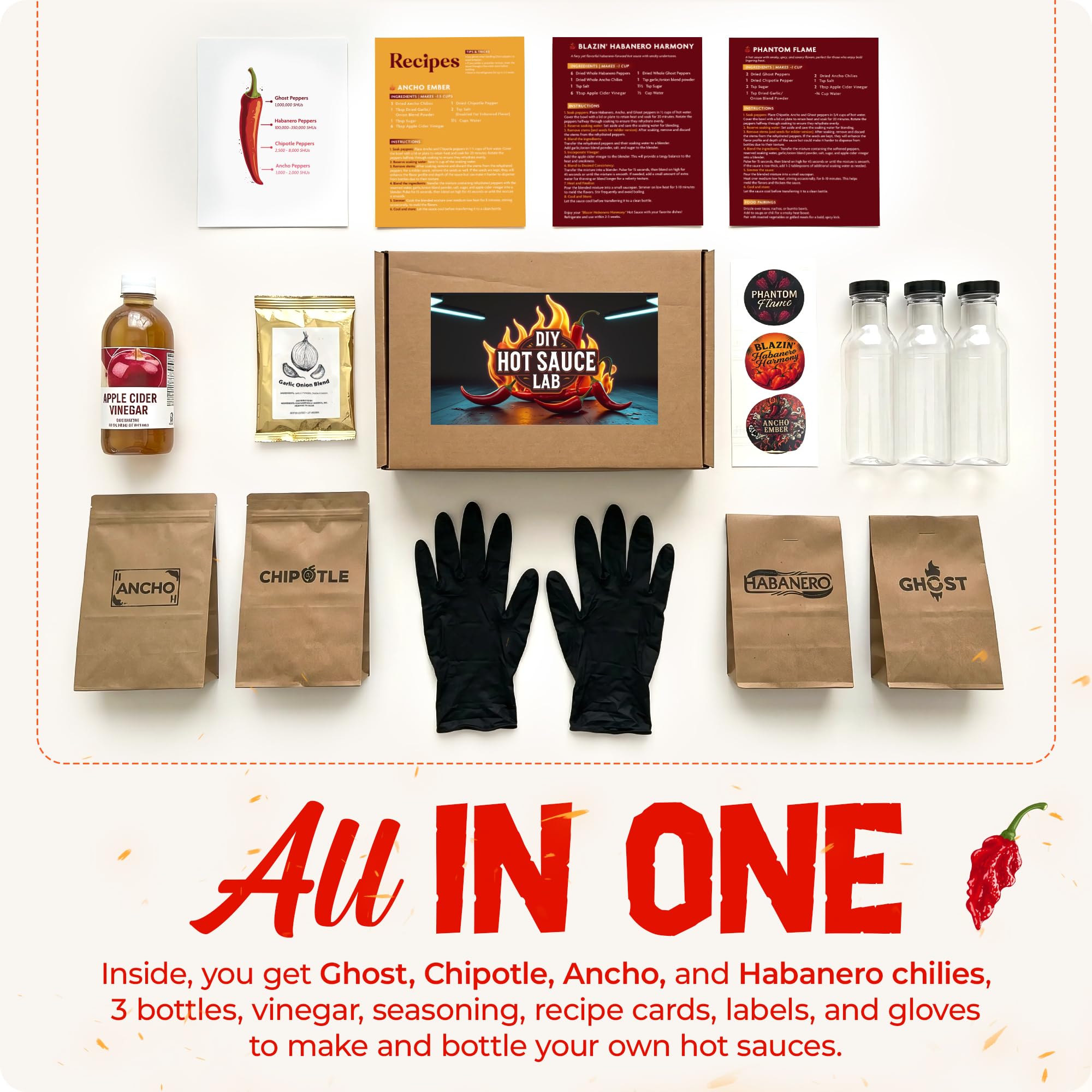 DIY Hot Sauce Kit Lab - Craft 3 Unique Chili Pepper Sauce Bottles Using Ghost Peppers, Chipotle, Ancho and Habanero - Everything includes to make 3