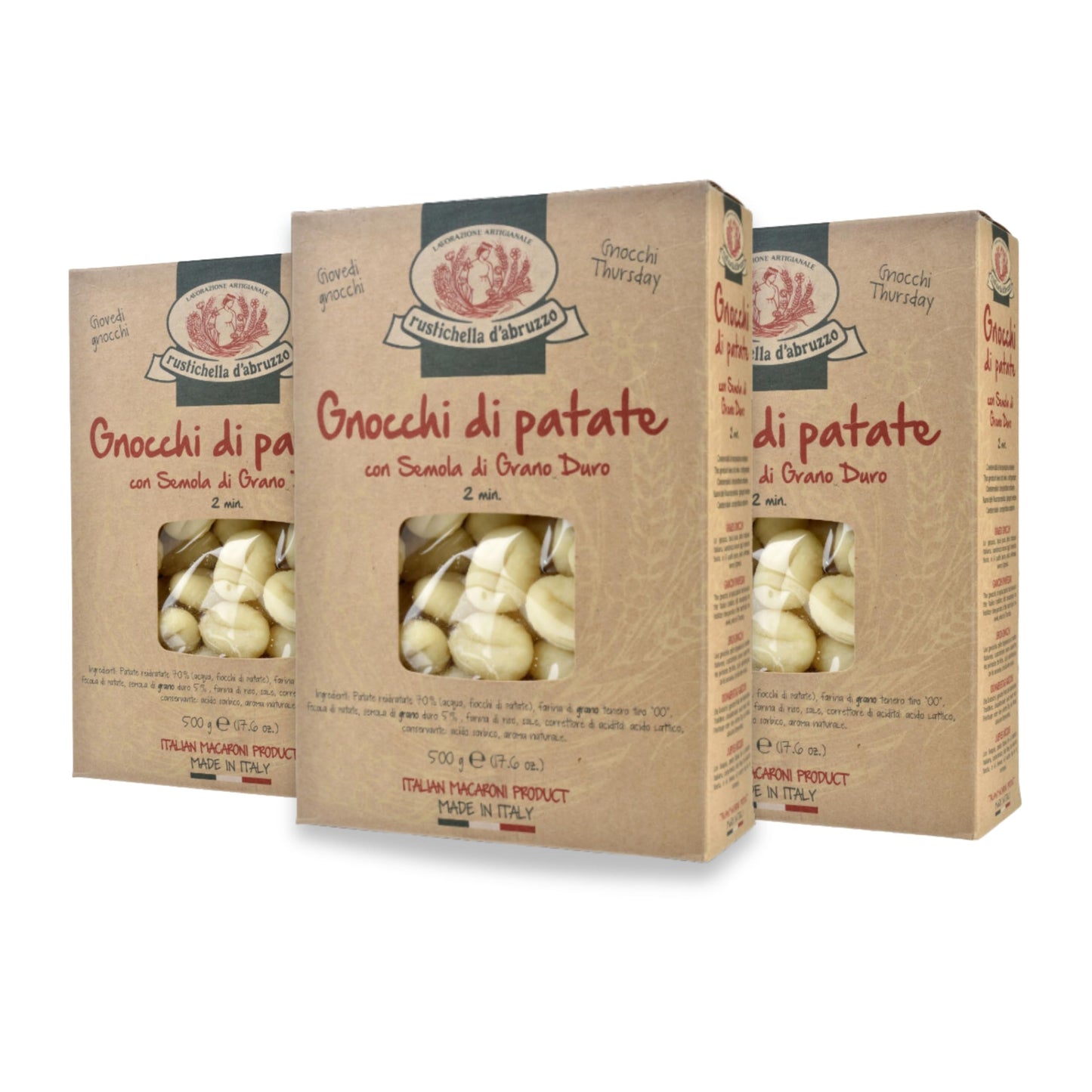 Rustichella d'Abruzzo Potato Gnocchi (Pack of 3), 500g Traditional Italian Dumplings - Soft, Pillowy Texture - Cooks in Just 2 Minutes - Perfect