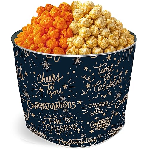 Renée’s Congratulations Popcorn Gift Tin - 2 Gallon - Cheesy Caramel Collision™ & White Cheddar Caramel Collision™ Half & Half Popcorn Tin