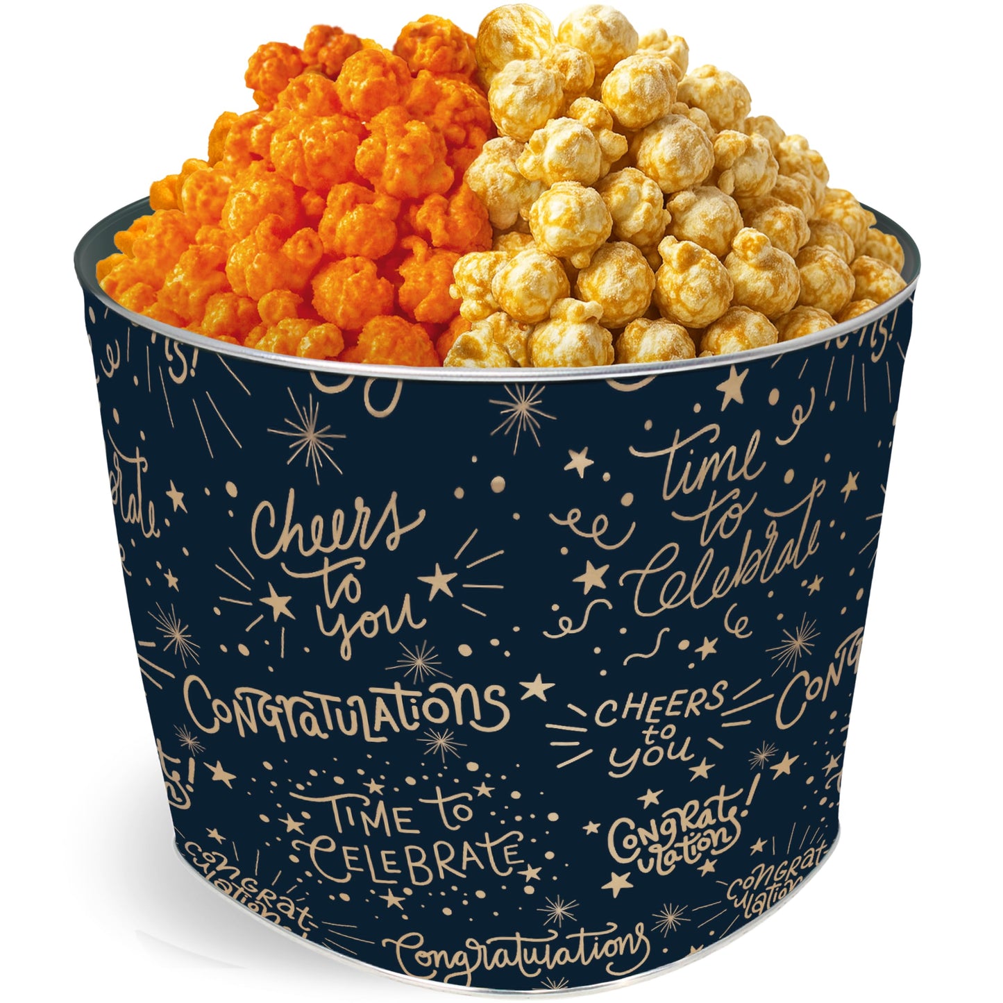 Renée’s Congratulations Popcorn Gift Tin - 2 Gallon - Cheesy Caramel Collision™ & White Cheddar Caramel Collision™ Half & Half Popcorn Tin