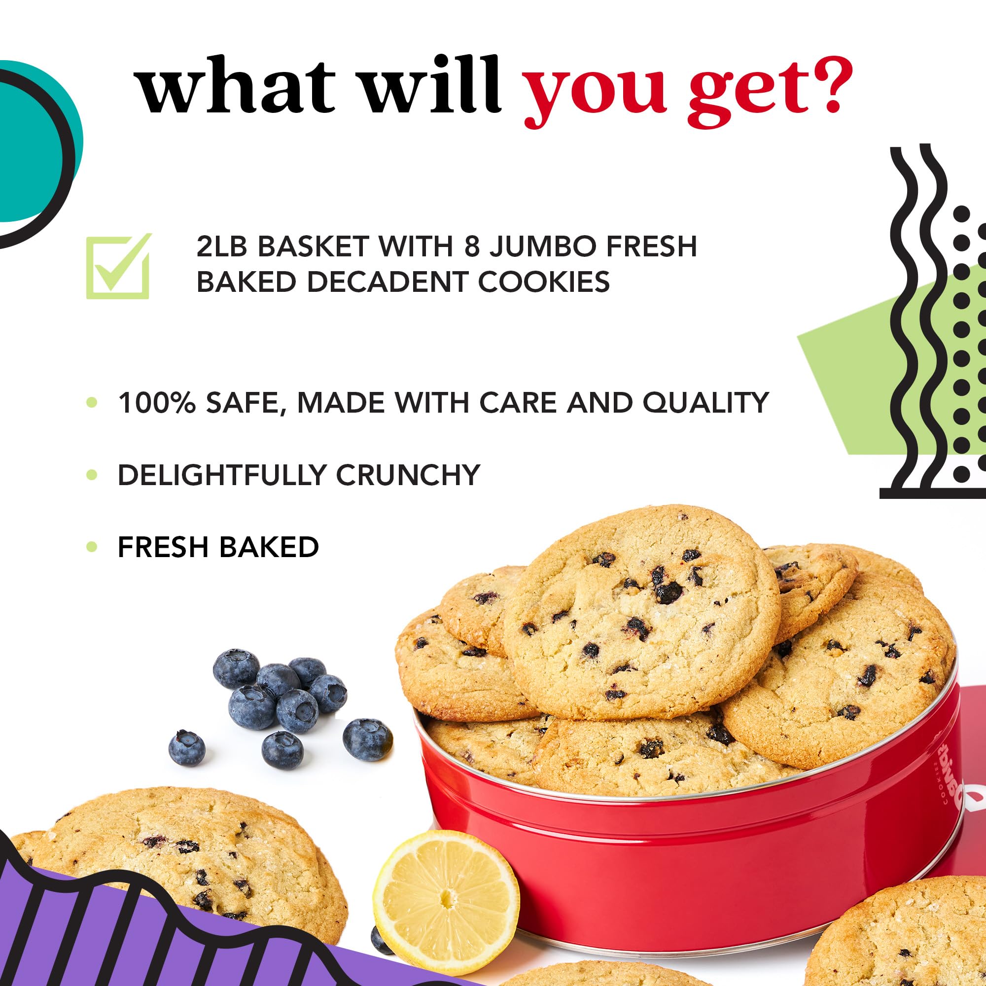 David's Cookies Fresh Baked Decadent Jumbo Lemon Blueberry Gourmet Cookies - 2lb Gift Basket Tin with 8 Large Lemon Blueberry Cookies - Bakery-Style