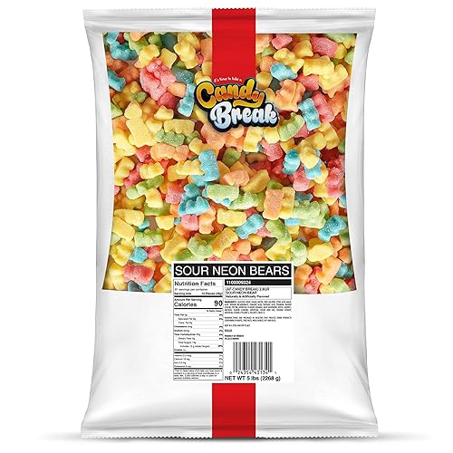 Candy Break Sour Neon Gummy Bears, Four Flavor Gummies, Sweet & Sour Candy Snacks for Kids & Adults, Bulk Candies Share Size Bag, Variety Pack, 5 lbs
