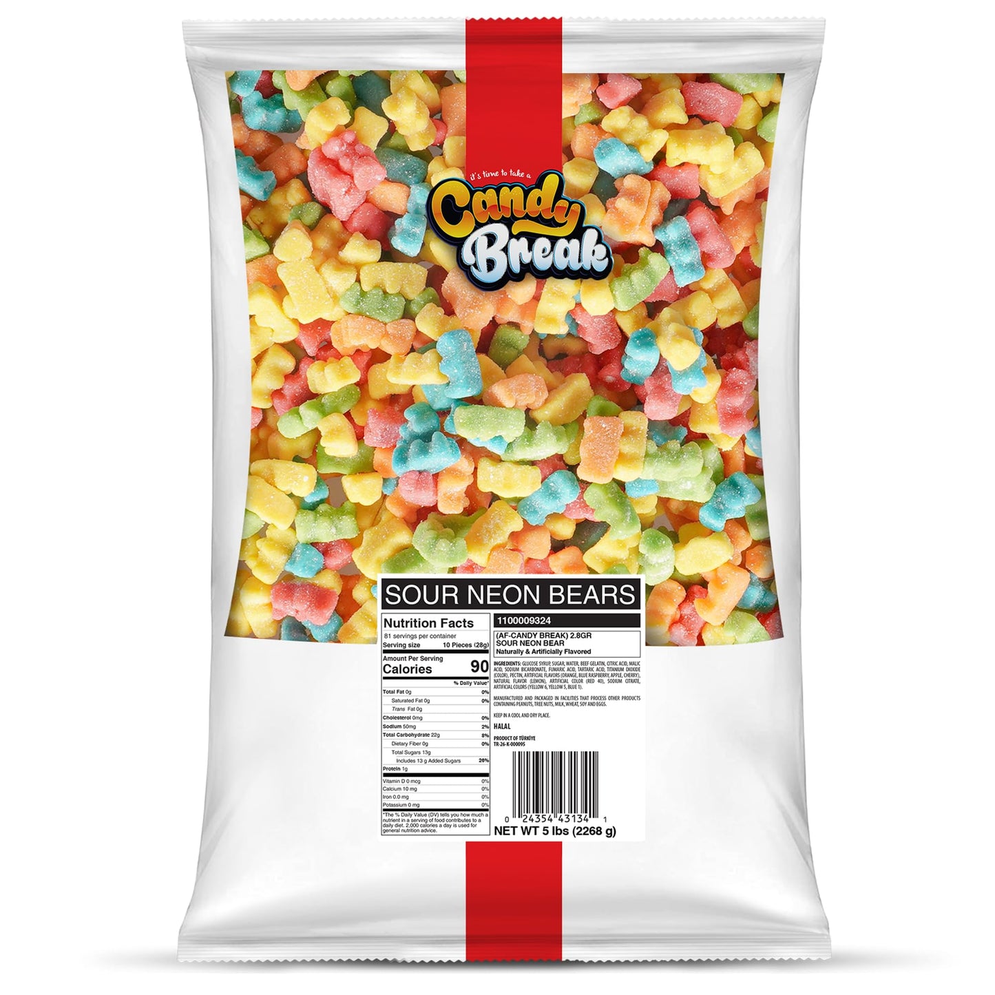 Candy Break Sour Neon Gummy Bears, Four Flavor Gummies, Sweet & Sour Candy Snacks for Kids & Adults, Bulk Candies Share Size Bag, Variety Pack, 5 lbs
