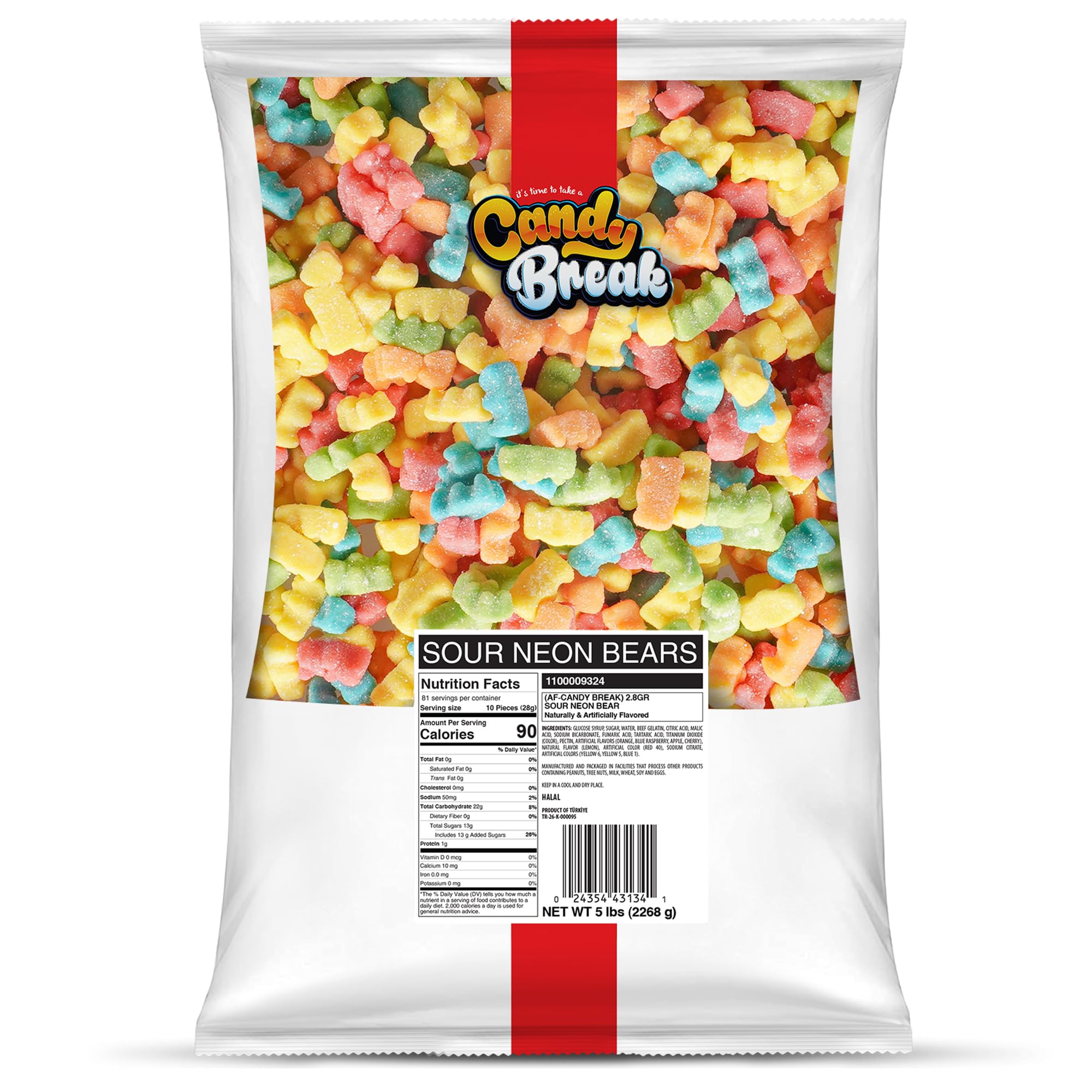 Candy Break Sour Neon Gummy Bears, Four Flavor Gummies, Sweet & Sour Candy Snacks for Kids & Adults, Bulk Candies Share Size Bag, Variety Pack, 5 lbs