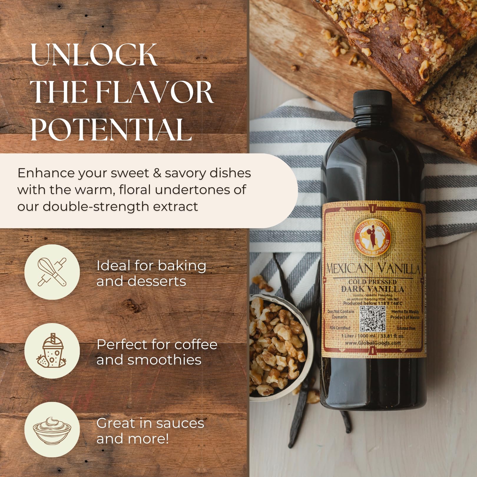 Pure Dark Mexican Vanilla Extract Gluten-Free Vanilla for Baking, Cakes, Cookies, Desserts, Coffee & Beverages (1 Liter / 33.81 fl oz) - Natural, No