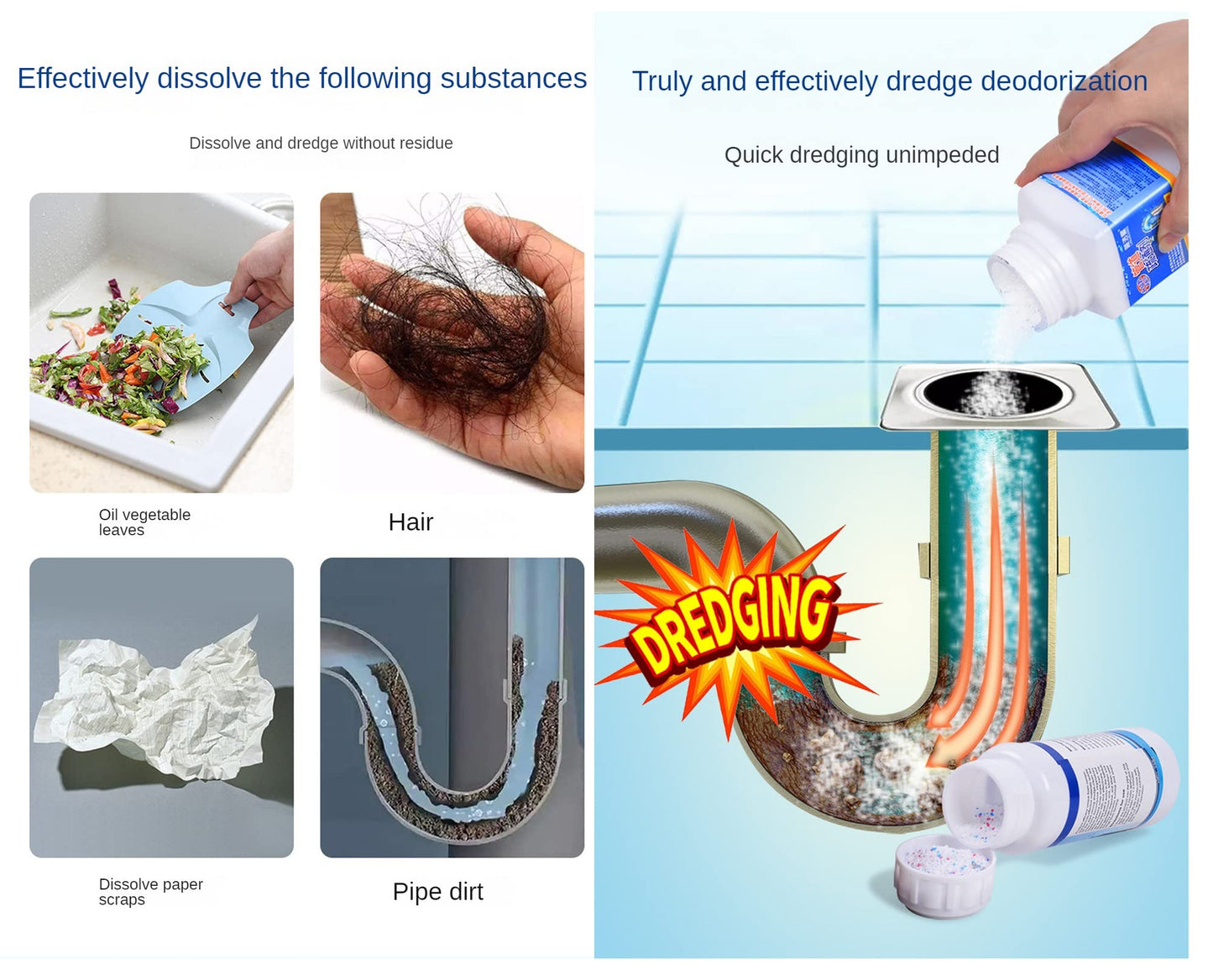 Pipeline unblocking agent strongly dissolves toilet, kitchen sewage, oil stains, plugs, deodorizers, deodorizers