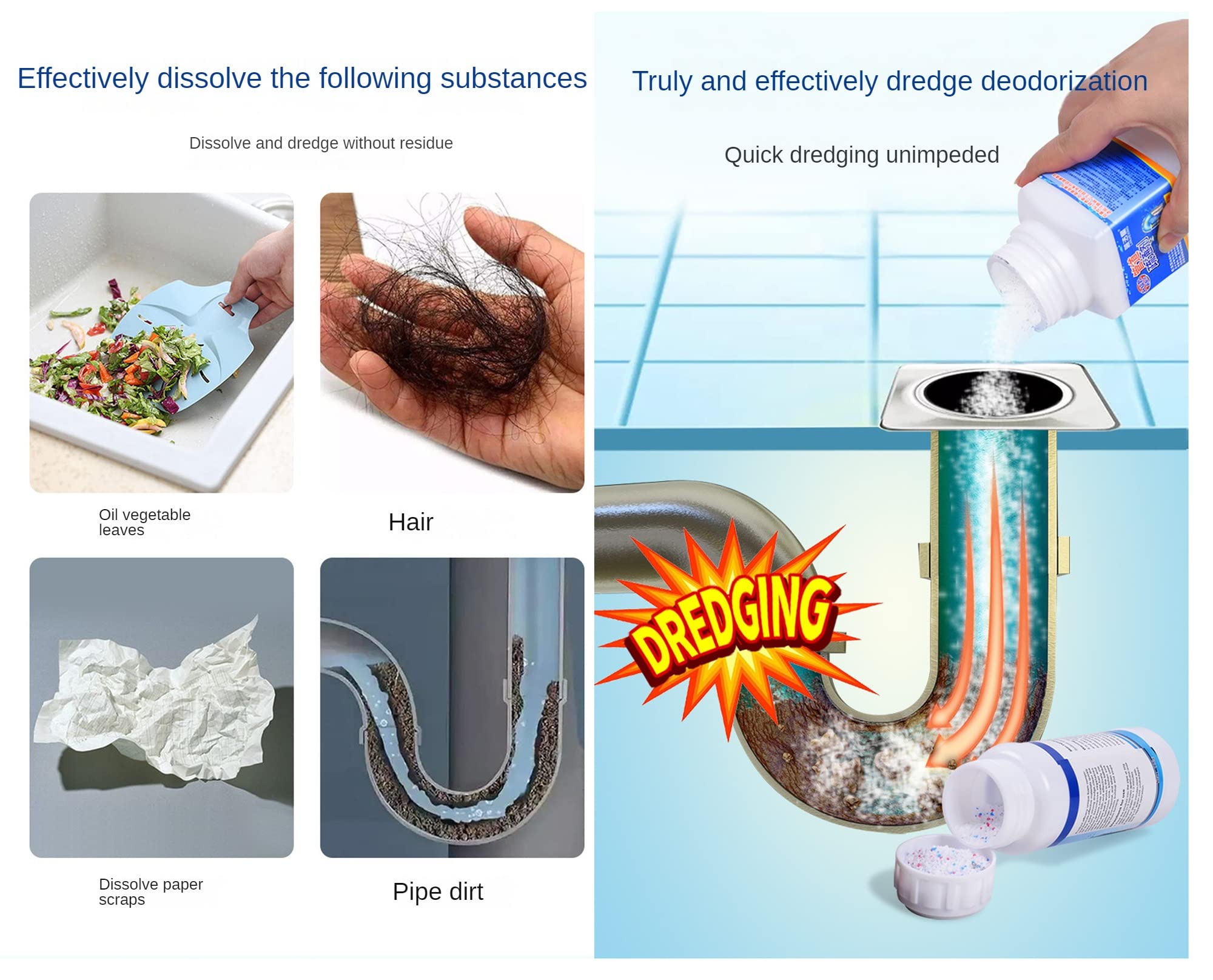 Pipeline unblocking agent strongly dissolves toilet, kitchen sewage, oil stains, plugs, deodorizers, deodorizers