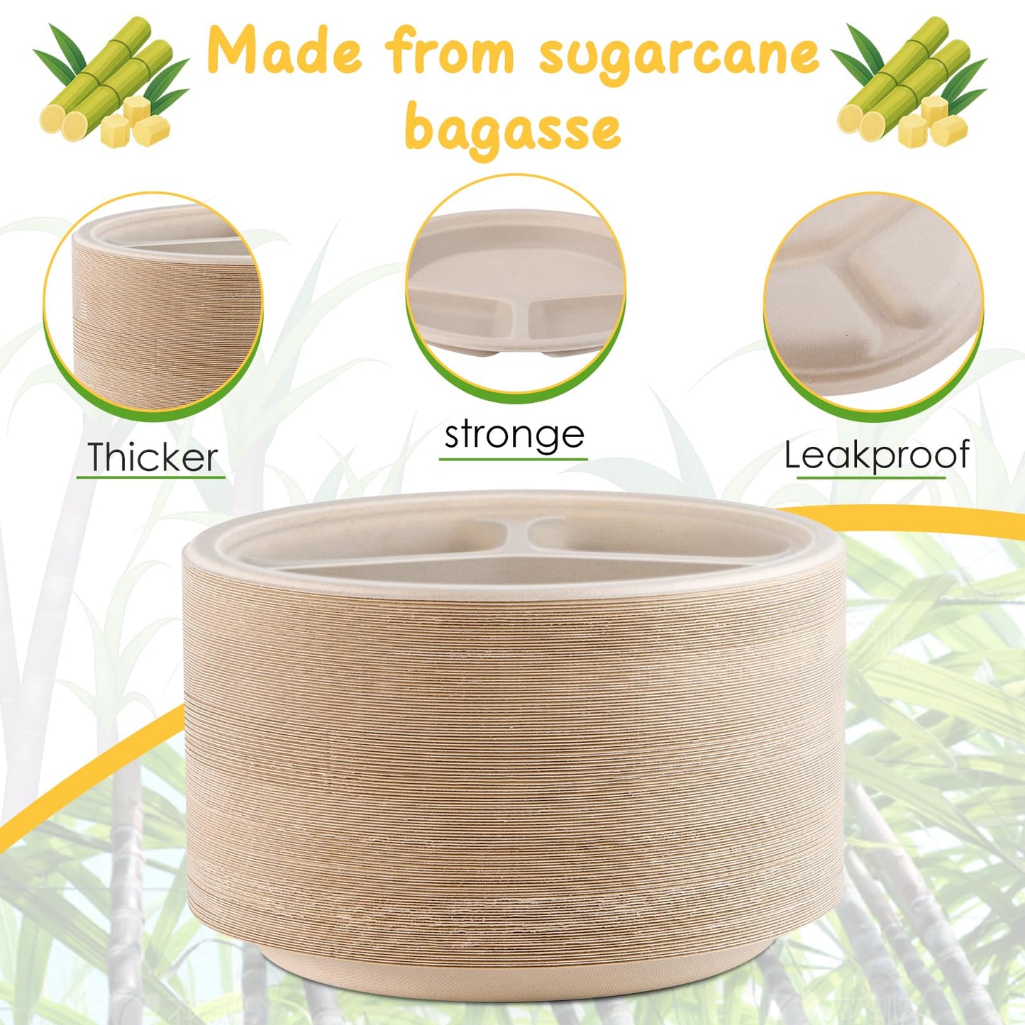 Loccmat 3 Compartment Paper Plates,125 Pack Disposable Paper Plate,10 Inch Compostable Plates,Heavy Duty Biodegradable Plate