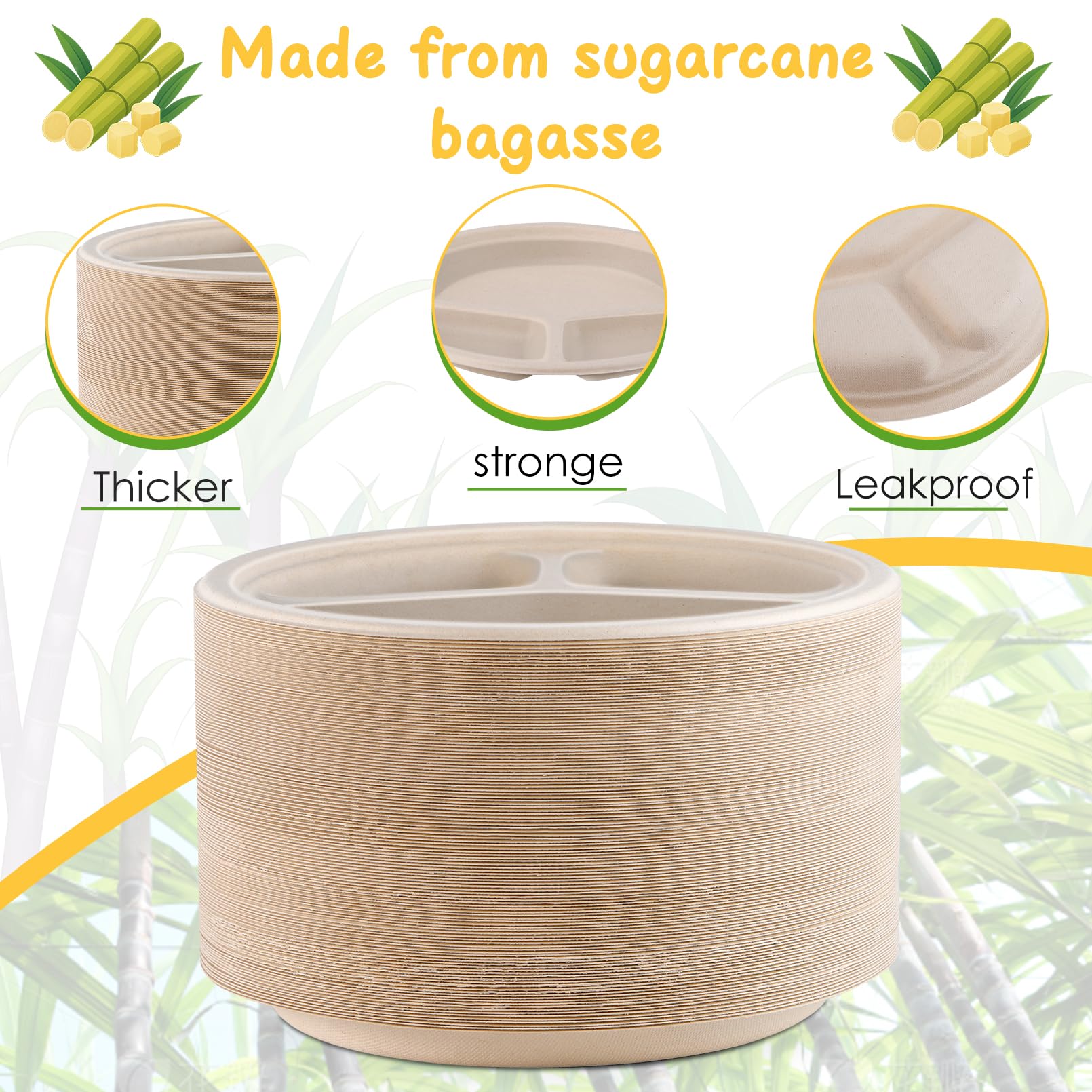 Loccmat 3 Compartment Paper Plates,125 Pack Disposable Paper Plate,10 Inch Compostable Plates,Heavy Duty Biodegradable Plate