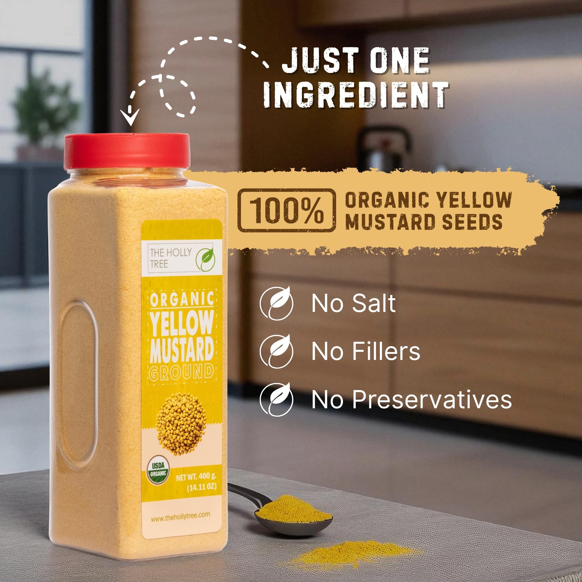 Yellow Mustard Powder 14.11 oz - Ground Organic Mustard Seed for Seasoning & Cooking - USDA Organic, Kosher, Gluten Free Mustard - The Holly Tree