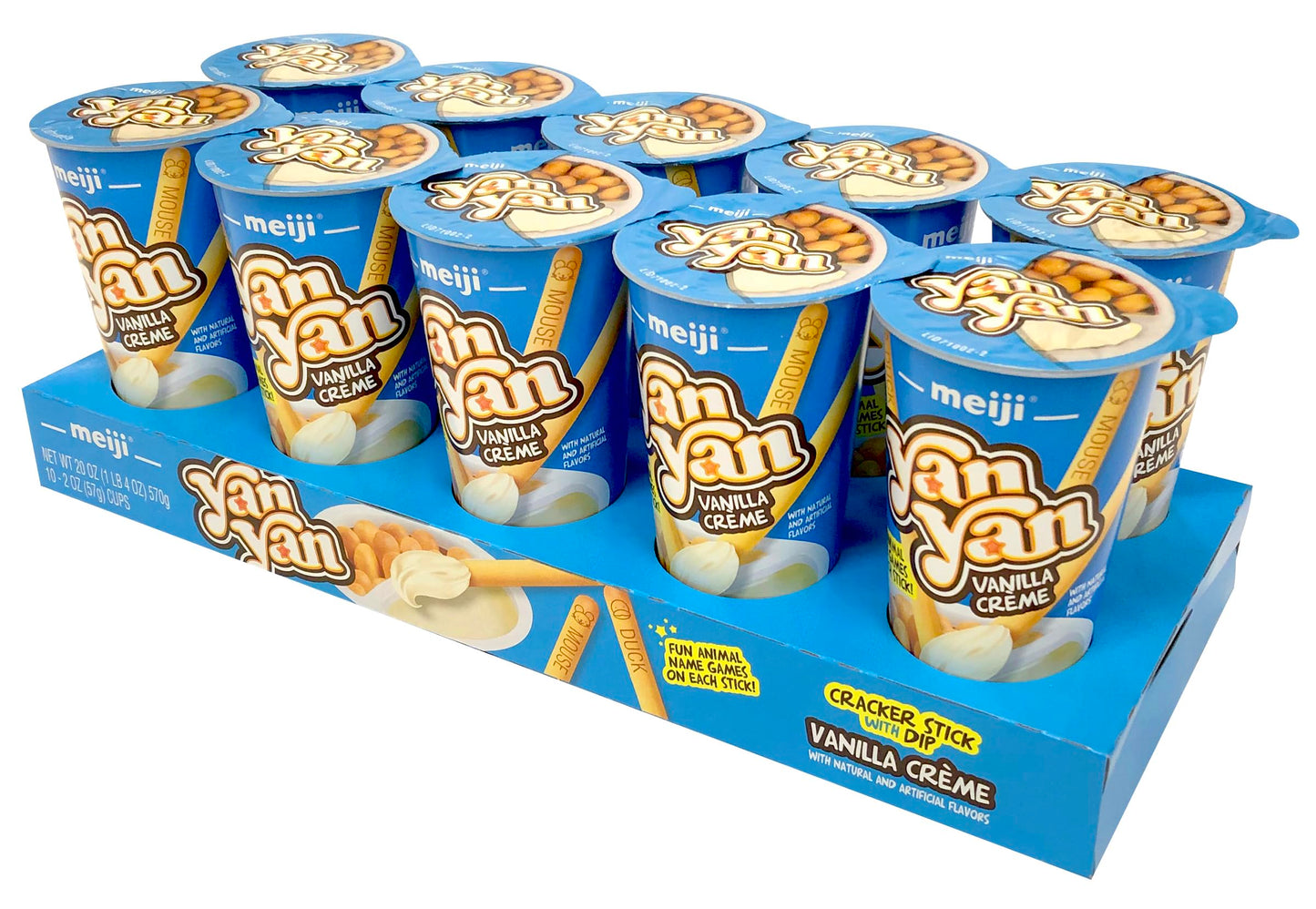MEIJI Yan Yan Dipping Sticks, Vanilla Crème - 2 oz, Pack of 10 - Cracker Sticks with Fun Animals Phrases