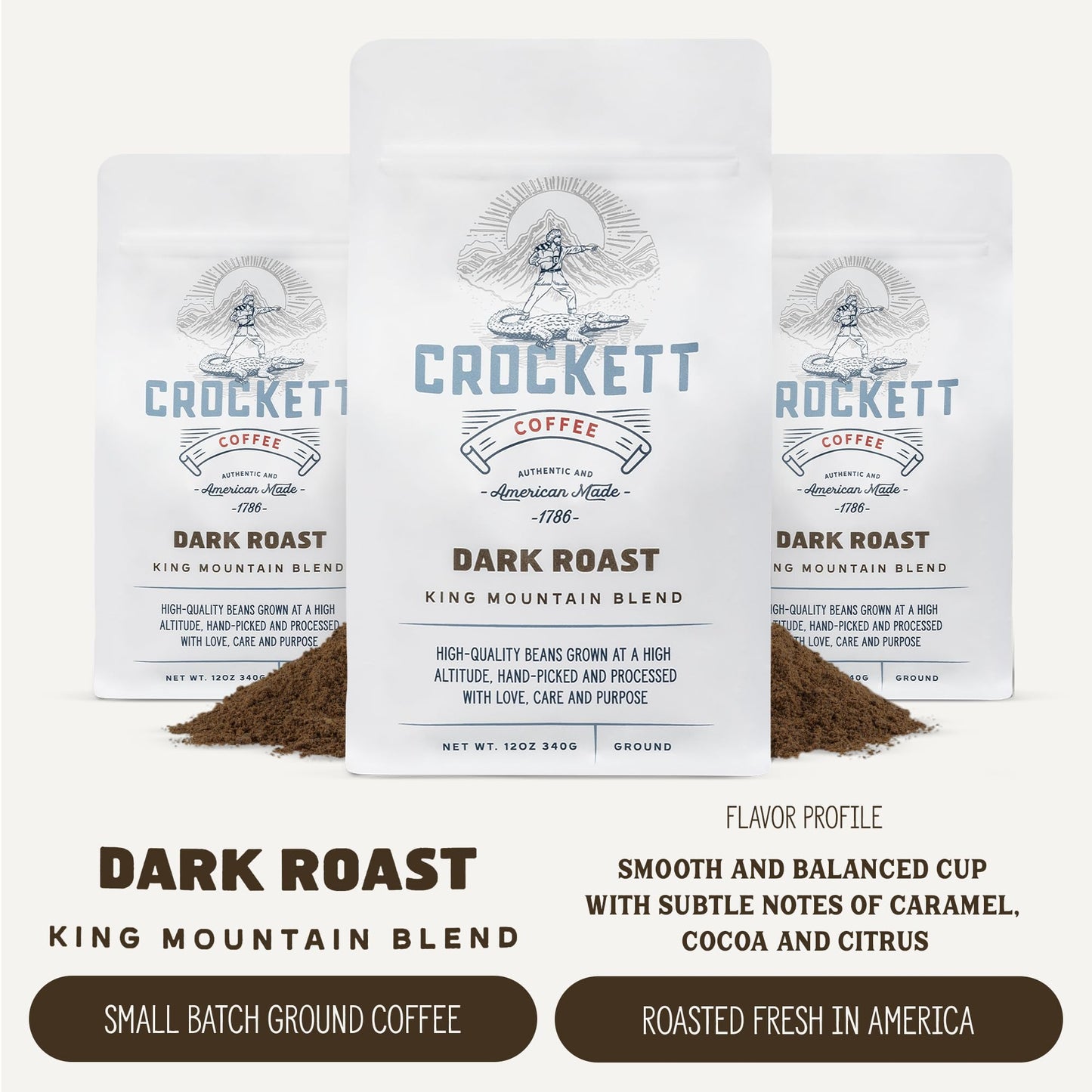 Crockett Dark Roast Ground Coffee - Bold Dark Roast Ground Coffee with Full-Bodied Flavor, Smooth Finish & No Bitterness - Perfect for Rich, Gritty