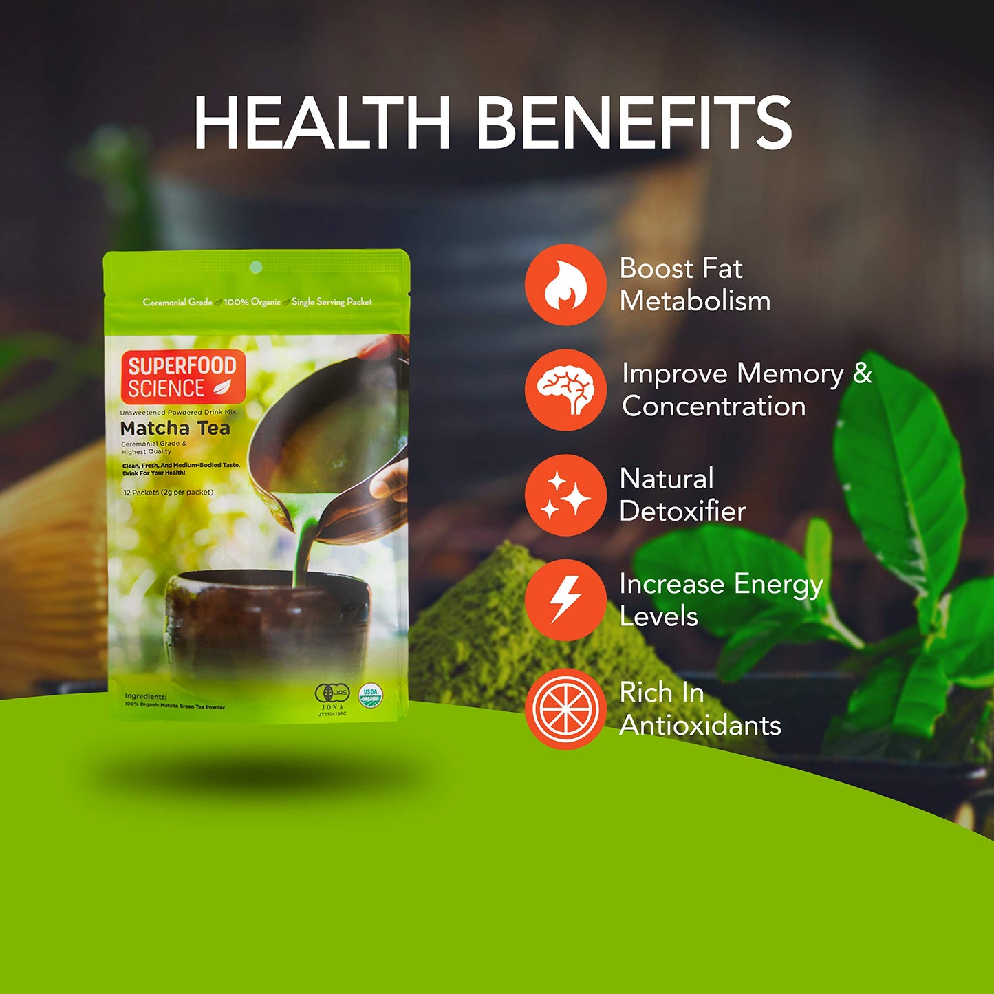 Matcha Ceremonial Grade, Pure Uji Matcha Powder Organic, 12 Unsweetened Organic Japanese Tea Packets, ECGC, L-Theanine, Chlorophyll in Green Vibrance