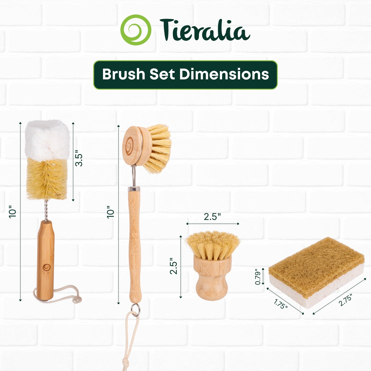 Tieralia Bamboo Dish Brush Set 5 Piece - Eco Friendly Kitchen Cleaning Kit with Bottle Brush, Long Dish Brush, Palm Scrubber & 2 Plant-Based Sponges |