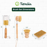 Tieralia Bamboo Dish Brush Set 5 Piece - Eco Friendly Kitchen Cleaning Kit with Bottle Brush, Long Dish Brush, Palm Scrubber & 2 Plant-Based Sponges |