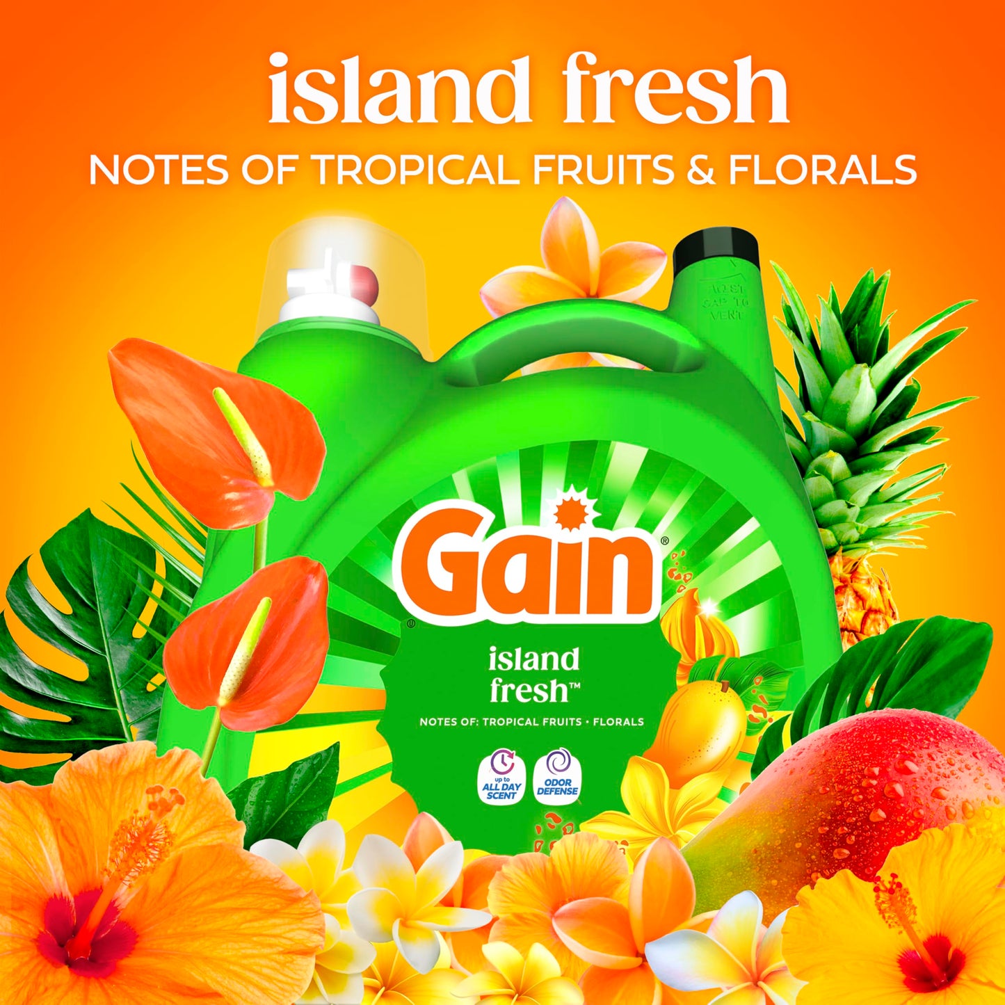 Gain Liquid Laundry Detergent, With Odor Defense, Island Fresh Scent, Laundry Soap For HE Washing Machines, 132 fl oz, 100 Loads (Packaging May Vary)