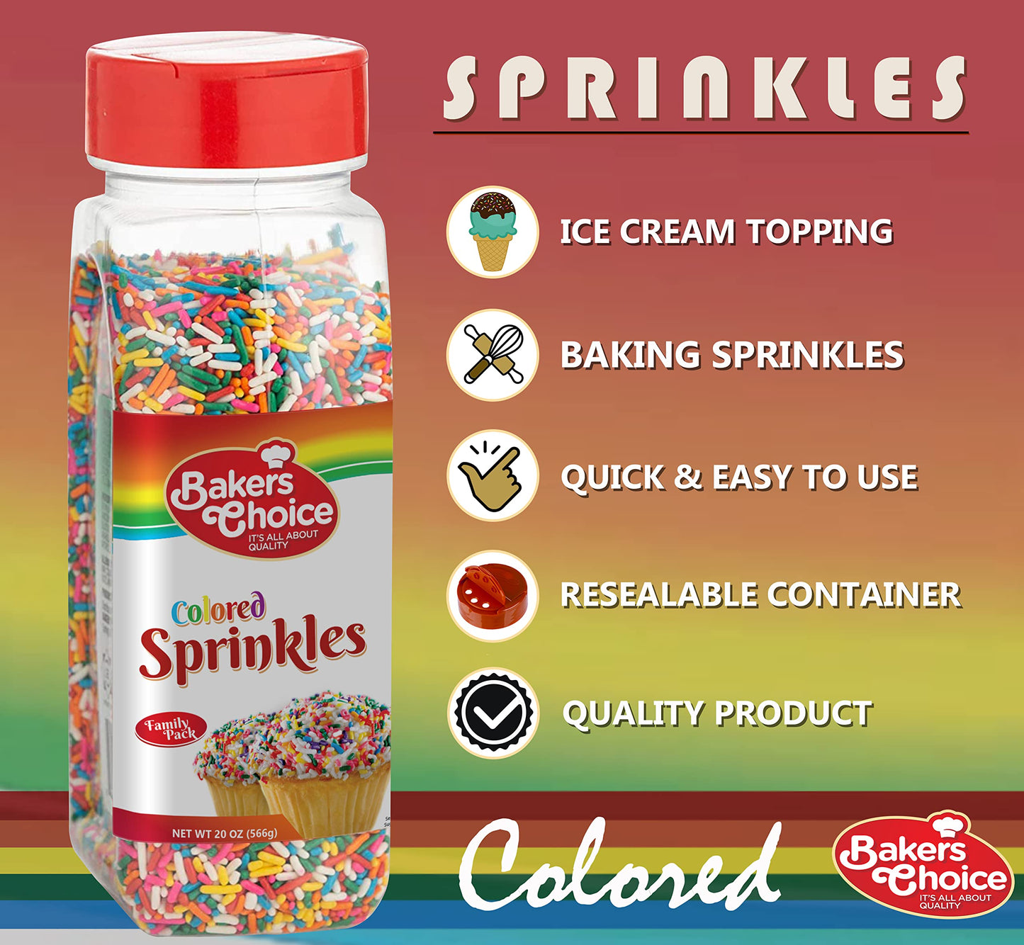 Bakers Choice Rainbow Sprinkles for Baking - Rainbow Jimmies Sprinkles for Ice Cream Toppings - Dairy Free, Kosher 20 oz.