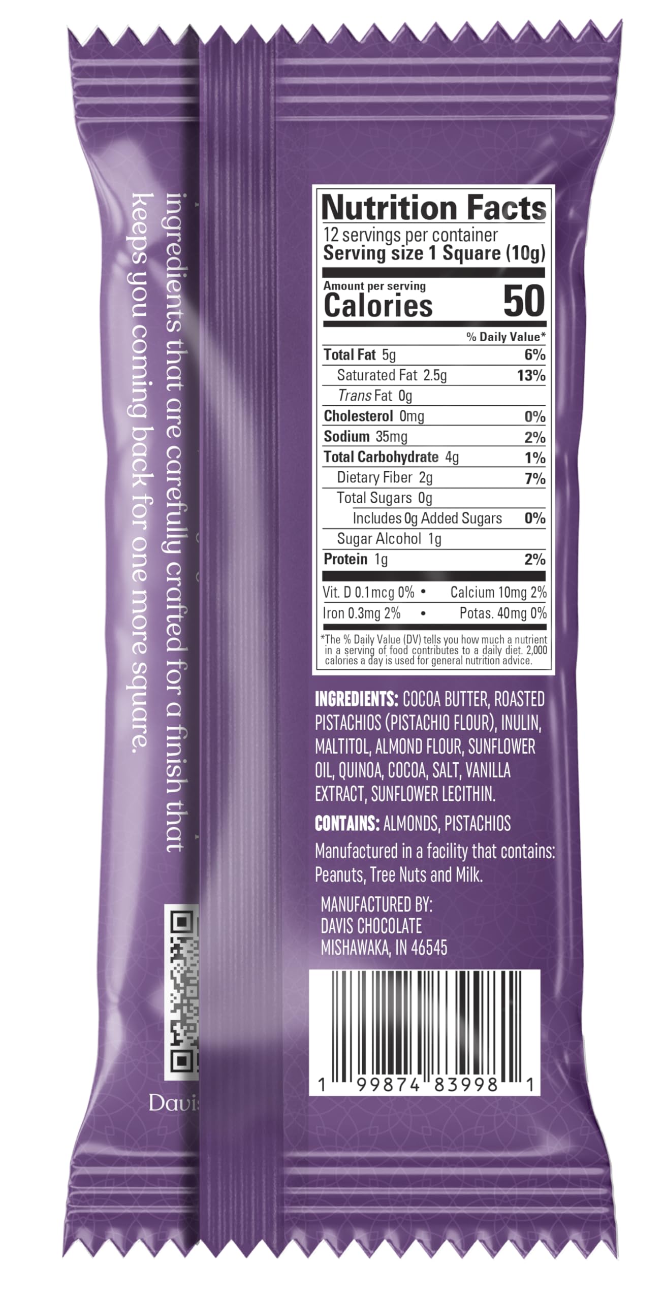 Davis Chocolate Dubai Destiny Sugar Free Vegan Milk Chocolate Bar, Pistachio & Puffed Quinoa, Gluten Free, Kosher, 4.05oz (3 Pack, SF - Milk Vegan)