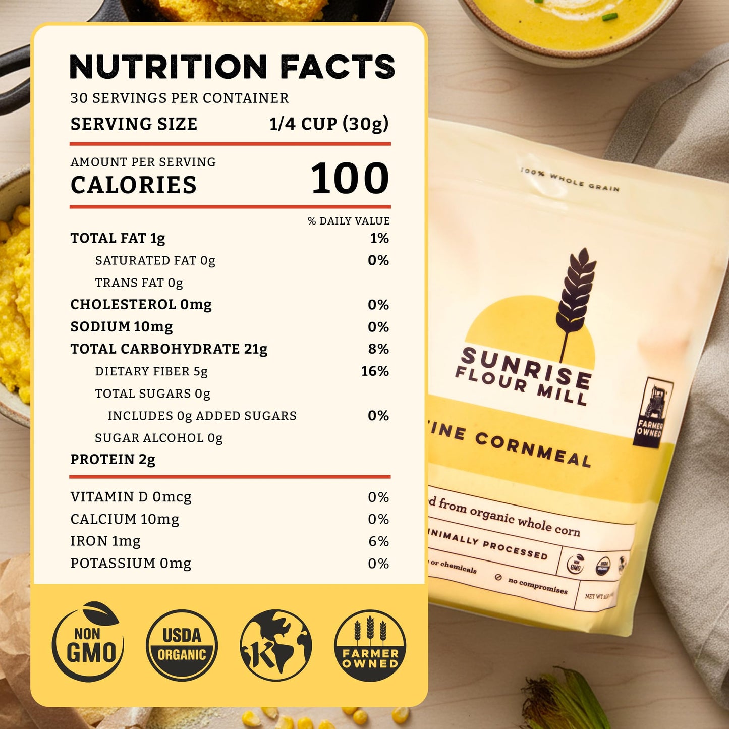 Sunrise Flour Mill Organic Fine Cornmeal | 2 LB | Yellow Cornmeal | Corn Flour | Fine Corn Meal | Milled from Organic Whole Kernel | No Artificial