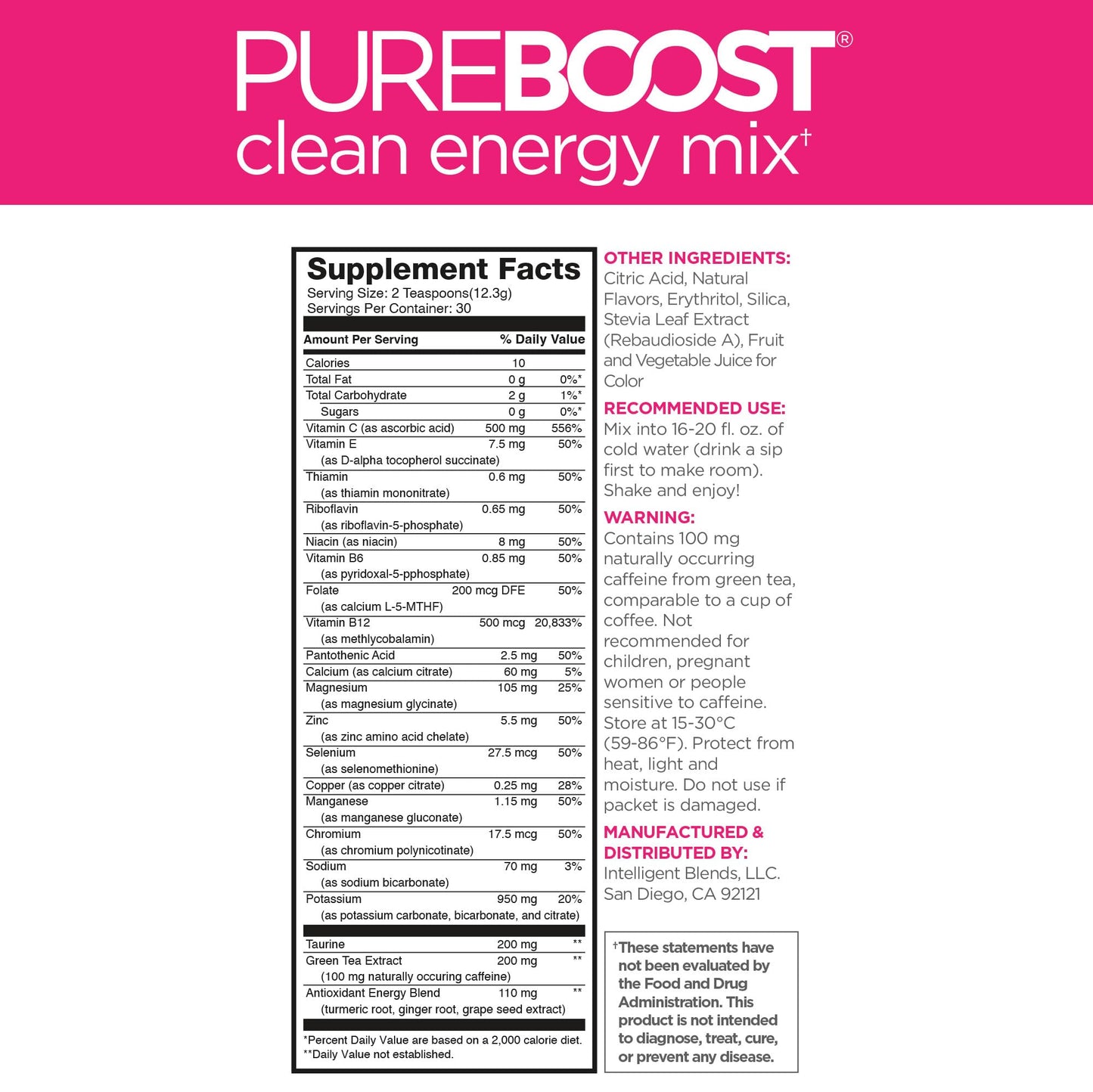 Pureboost Clean Energy Powder Drink Mix,13 oz, Refreshing Energy Booster with B12 Vitamins, Electrolytes, Antioxidants, Sugar-Free with No Sucralose