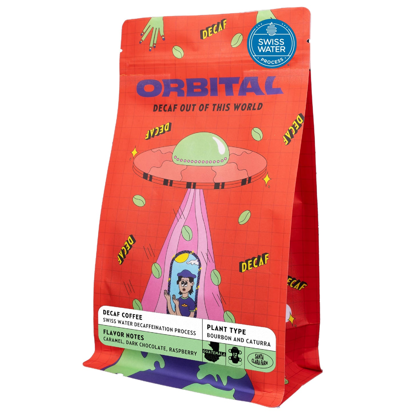 Orbital Cozy Space Decaf Coffee - Medium Roast Whole Bean, Swiss Water Process, Single Origin Guatemala - Smooth, Non-Bitter, Low Acid, Clean