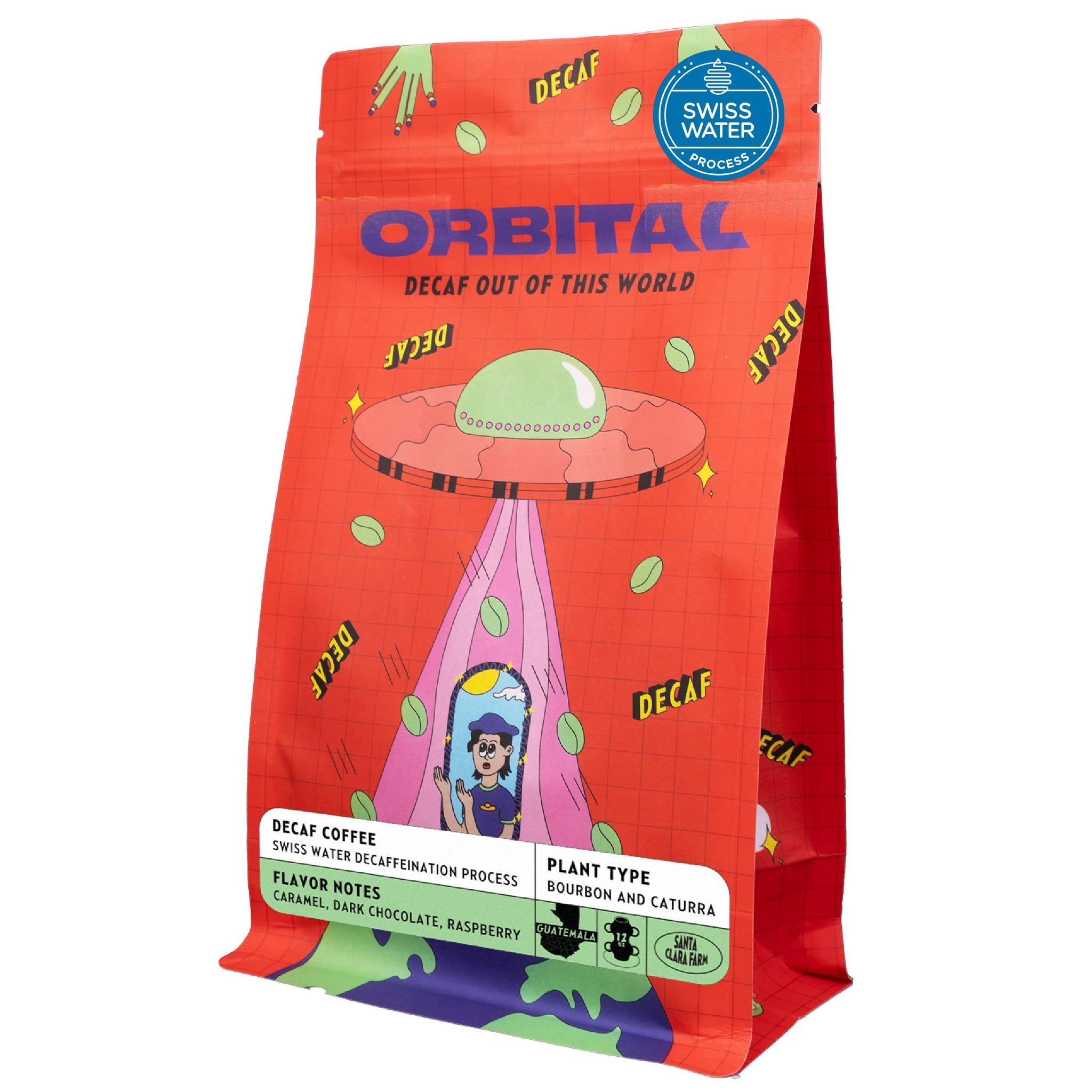 Orbital Cozy Space Decaf Coffee - Medium Roast Whole Bean, Swiss Water Process, Single Origin Guatemala - Smooth, Non-Bitter, Low Acid, Clean