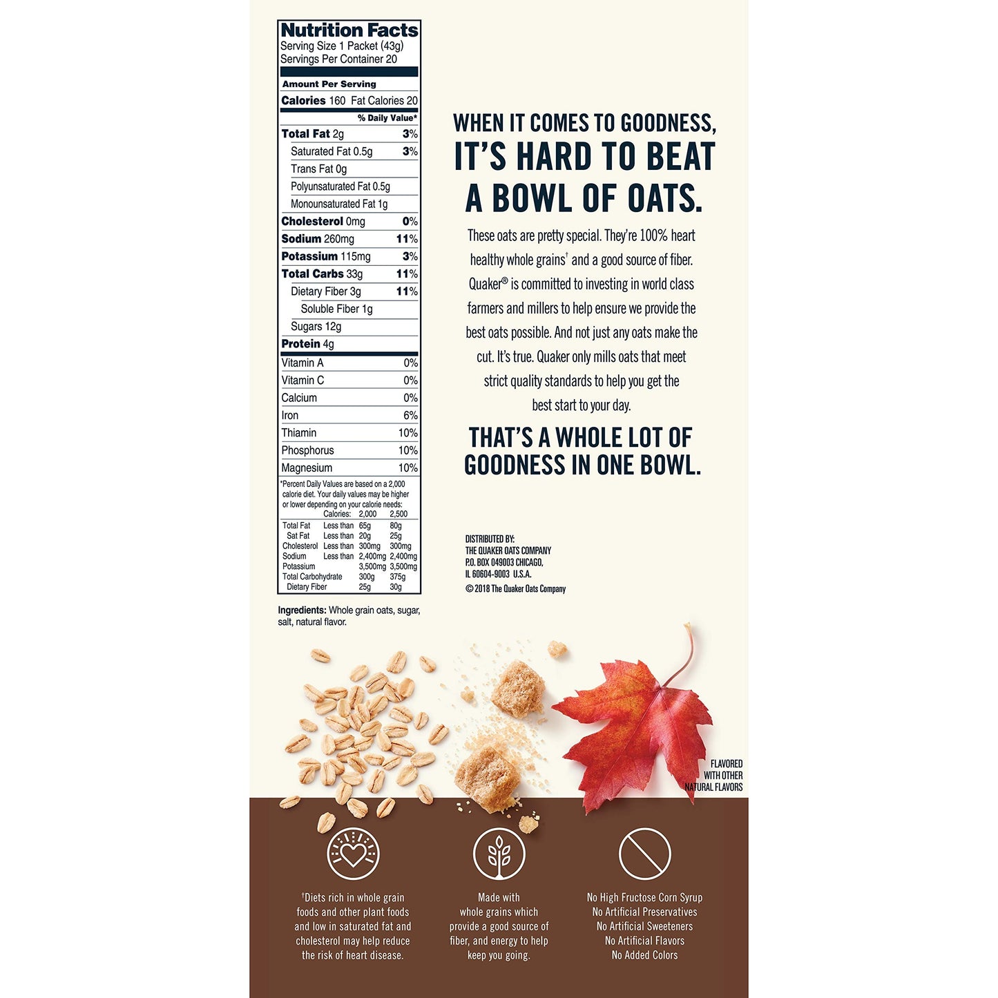 Quaker Maple & Brown Sugar Instant Oatmeal, 20 Count, 1.51 oz Packets
