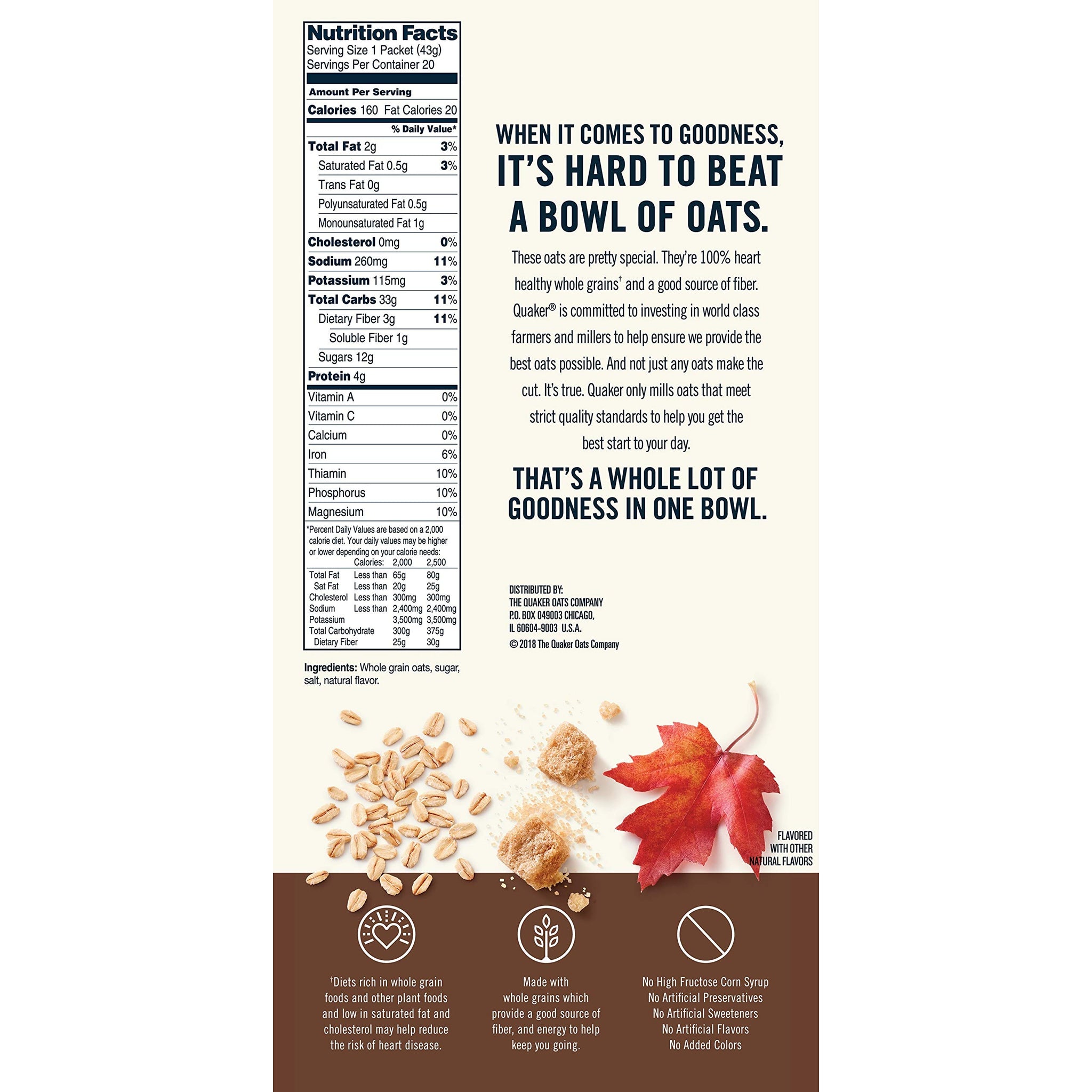 Quaker Maple & Brown Sugar Instant Oatmeal, 20 Count, 1.51 oz Packets