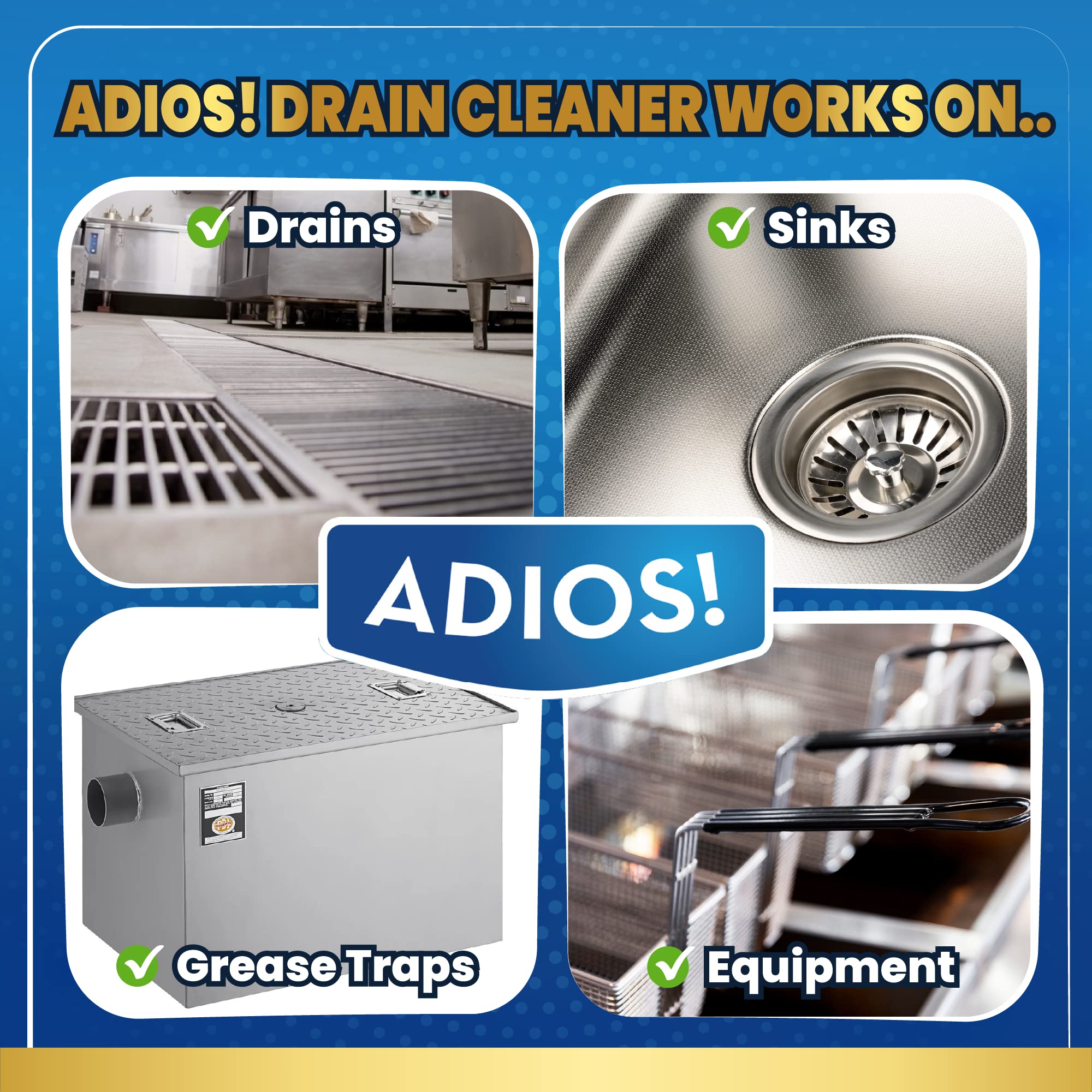 Adios! Professional Grease Trap Cleaner for FOG - Cleans Fats, Oils & Grease from Drains Pipes, Safe Enzyme Based Formula for Preventative Maintenance