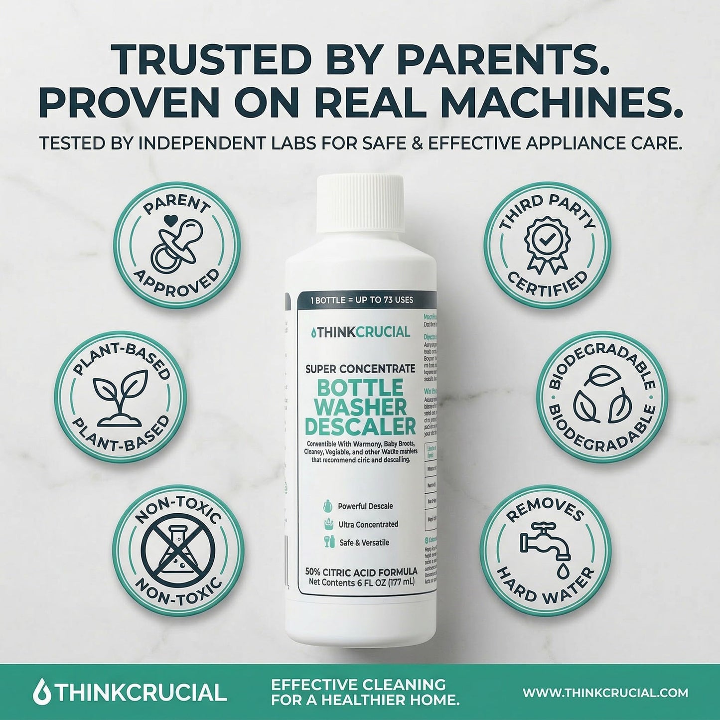 Think Crucial Super Concentrate Bottle Washer Descaler - 72 Uses - 50% Citric Acid Formula - Liquid Baby Bottle Washer Cleaner - Compatible