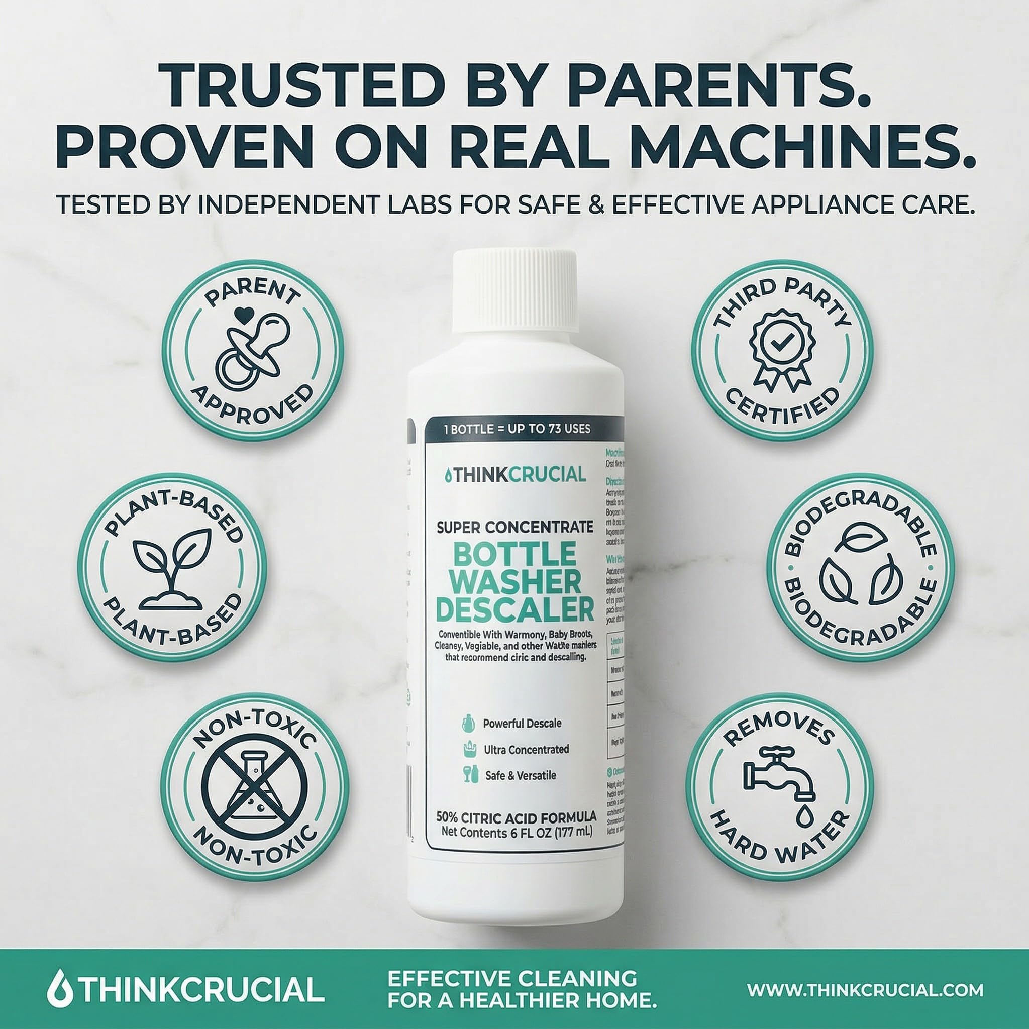 Think Crucial Super Concentrate Bottle Washer Descaler - 72 Uses - 50% Citric Acid Formula - Liquid Baby Bottle Washer Cleaner - Compatible