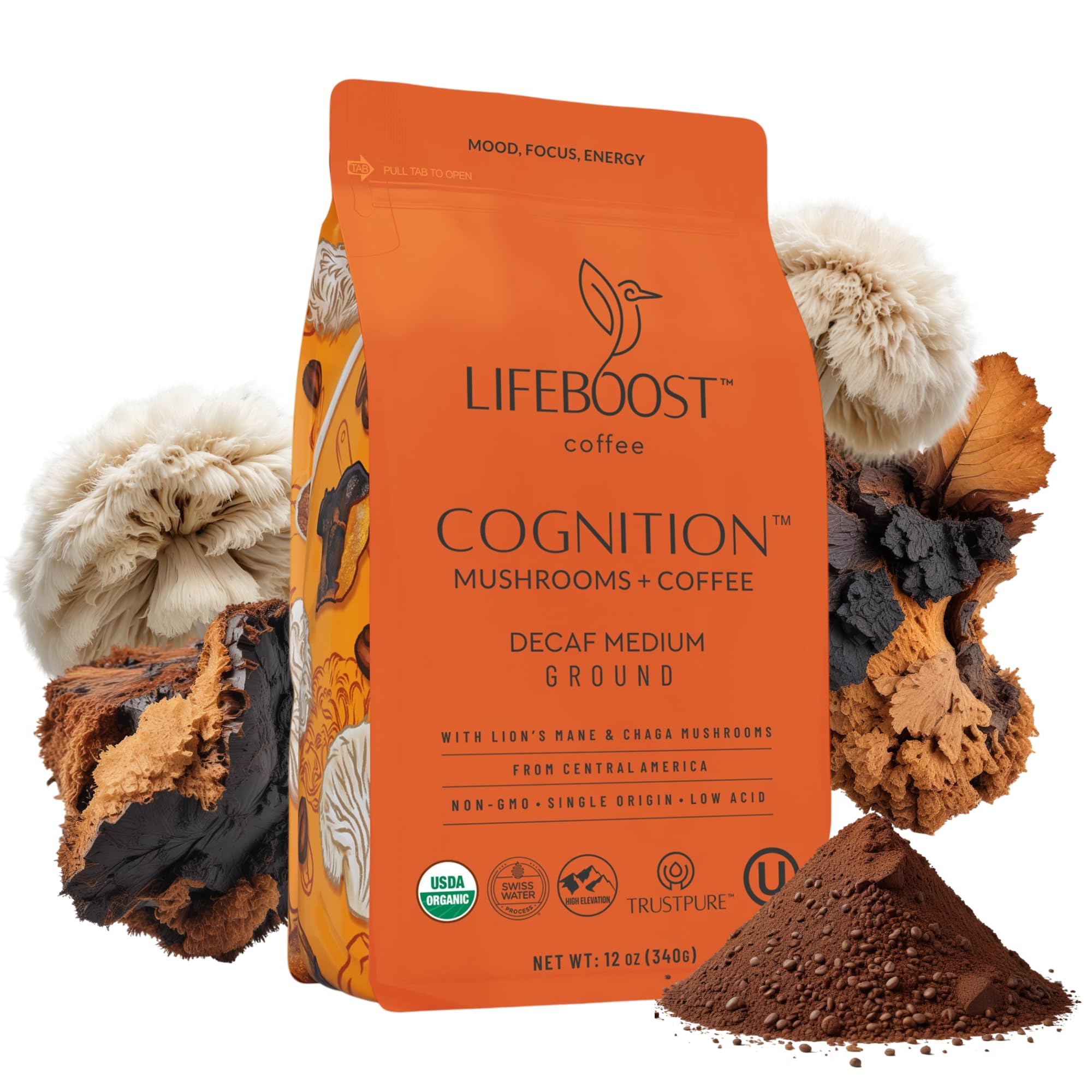Lifeboost Cognition Decaf Focus Coffee for Calm Energy - Lion’s Mane Mushroom Coffee with Chaga - Organic Medium Roast Decaf Nootropic Coffee - Low