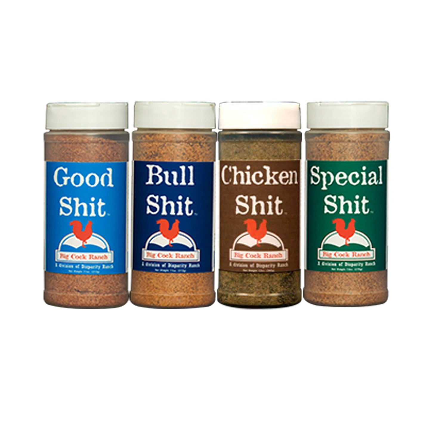 Big Cock Ranch Gourmet Seasoning Bundle All-Purpose Special Shit 13oz, Bull Shit for Steak 12oz, Good Shit Sweet N' Salty 11oz and Chicken Shit 12oz