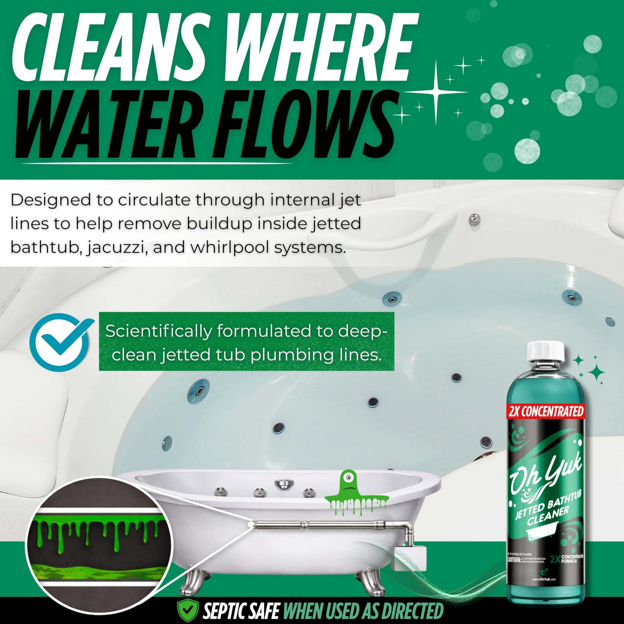 Oh Yuk Jetted Tub Cleaner 2X Concentrated - Deep Cleaning Jetted Bathtub & Jacuzzi Cleaner for Tub Systems with Jets - Removes Buildup - 16 fl oz