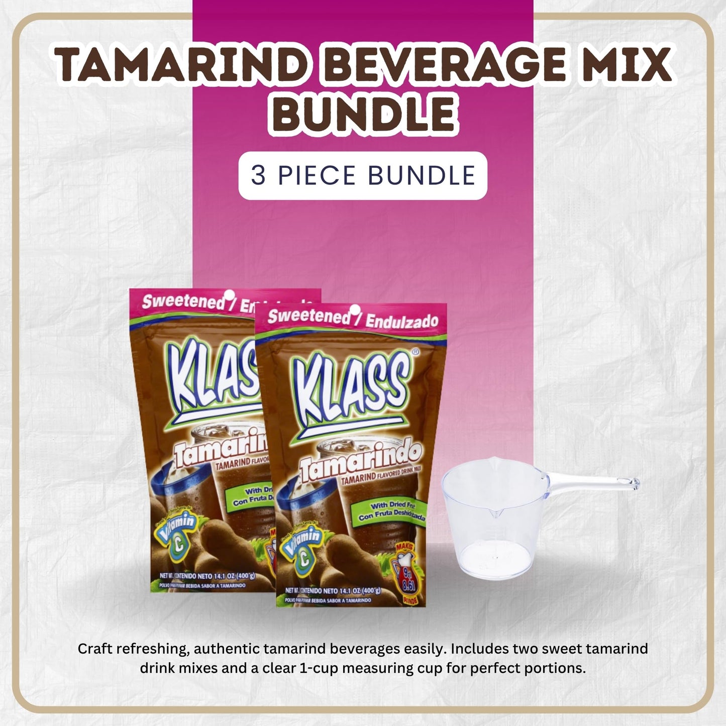 2x Klass Bev Mix Tamarindo Sweetened 14.1 OZ Bundle with Measuring Cup - Traditional Aguas Frescas Drink Mix with Sweet and Tangy Tamarind Flavor