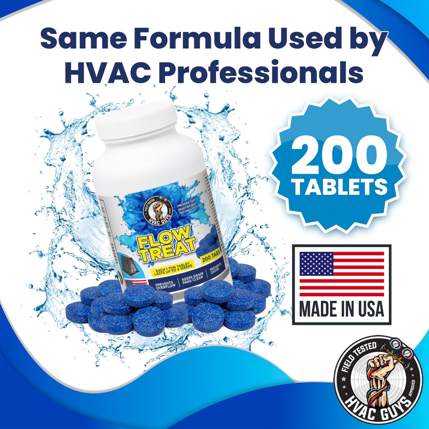 HVAC GUYS - Flow Treat Tabs - 200 Tablets | AC Drain Line Cleaner | Prevents Odors, Keeps HVAC Drain Pan Clean, Prevents Overflow | One Tablet Lasts