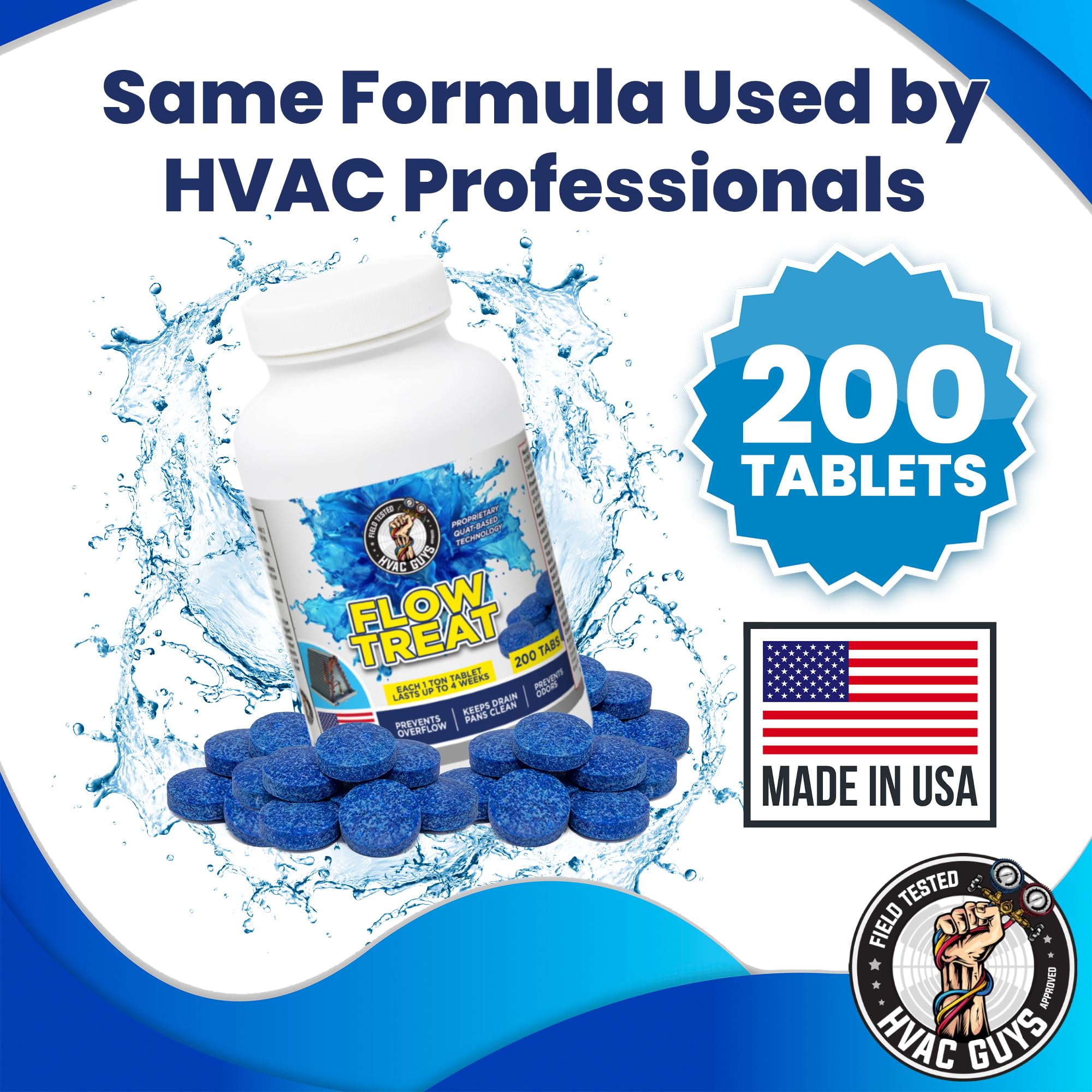 HVAC GUYS - Flow Treat Tabs - 200 Tablets | AC Drain Line Cleaner | Prevents Odors, Keeps HVAC Drain Pan Clean, Prevents Overflow | One Tablet Lasts