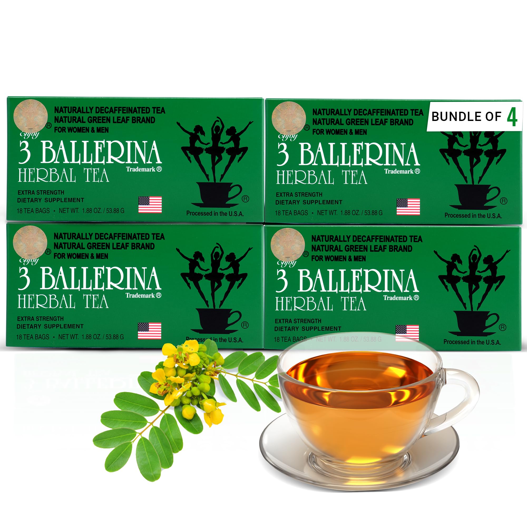 3 Ballerina Diet Tea Extra Strength - Caffeine-Free Herbal Tea Bags for Digestive Comfort and Weight Maintenance - Pack of 4 (72 Count)