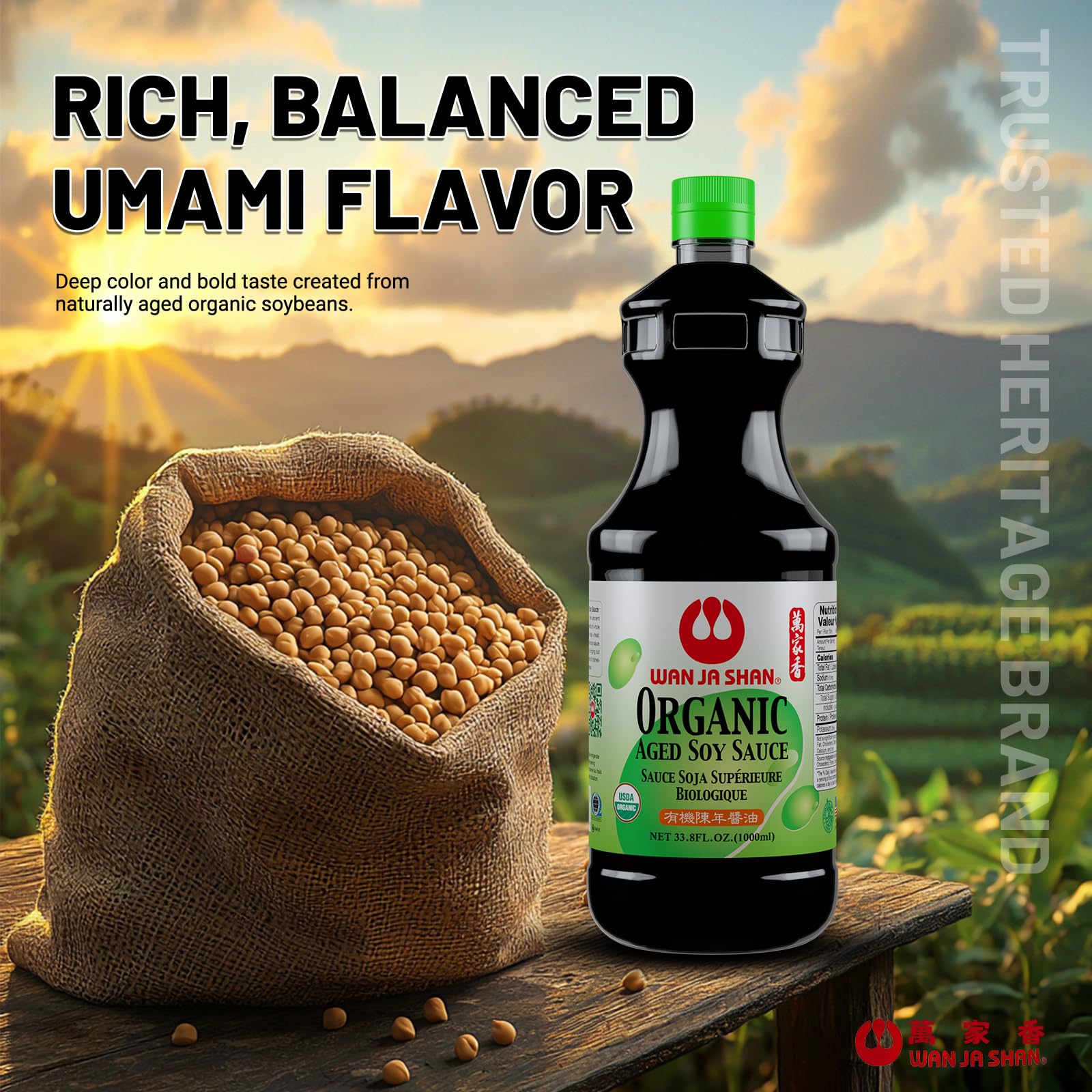 Wan Ja Shan Organic Aged Soy Sauce 33.8 oz - K-Parve, Naturally Brewed with Organic Soybeans | Rich, Slow-Aged Flavor | Non-GMO, No MSG, Traditional