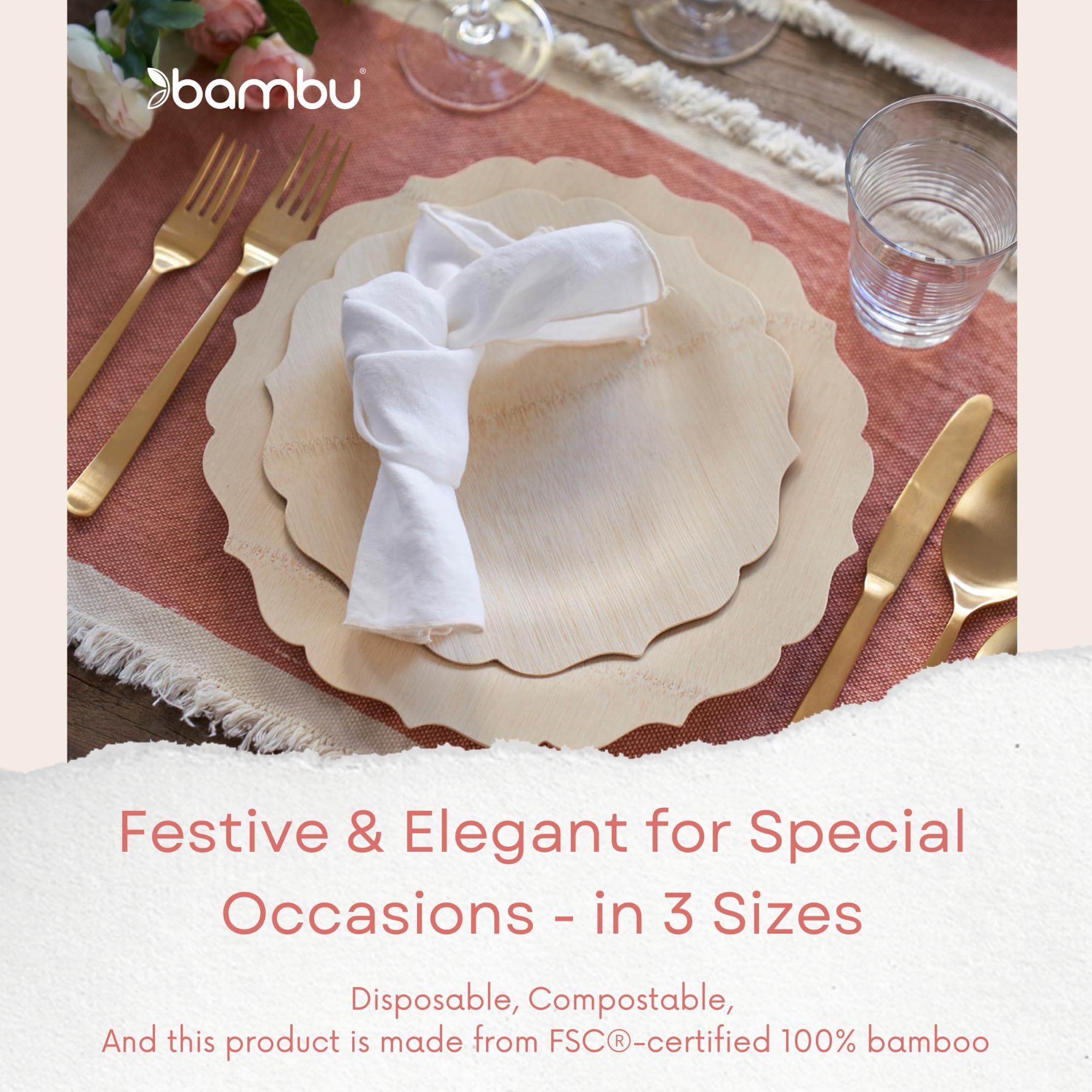 Bambu Pack of 25-9 Inch Disposable Bamboo Plates Fancy, Biodegradable Eco Friendly Products, Bamboo Disposable Plates for Party, Weddings, and Events