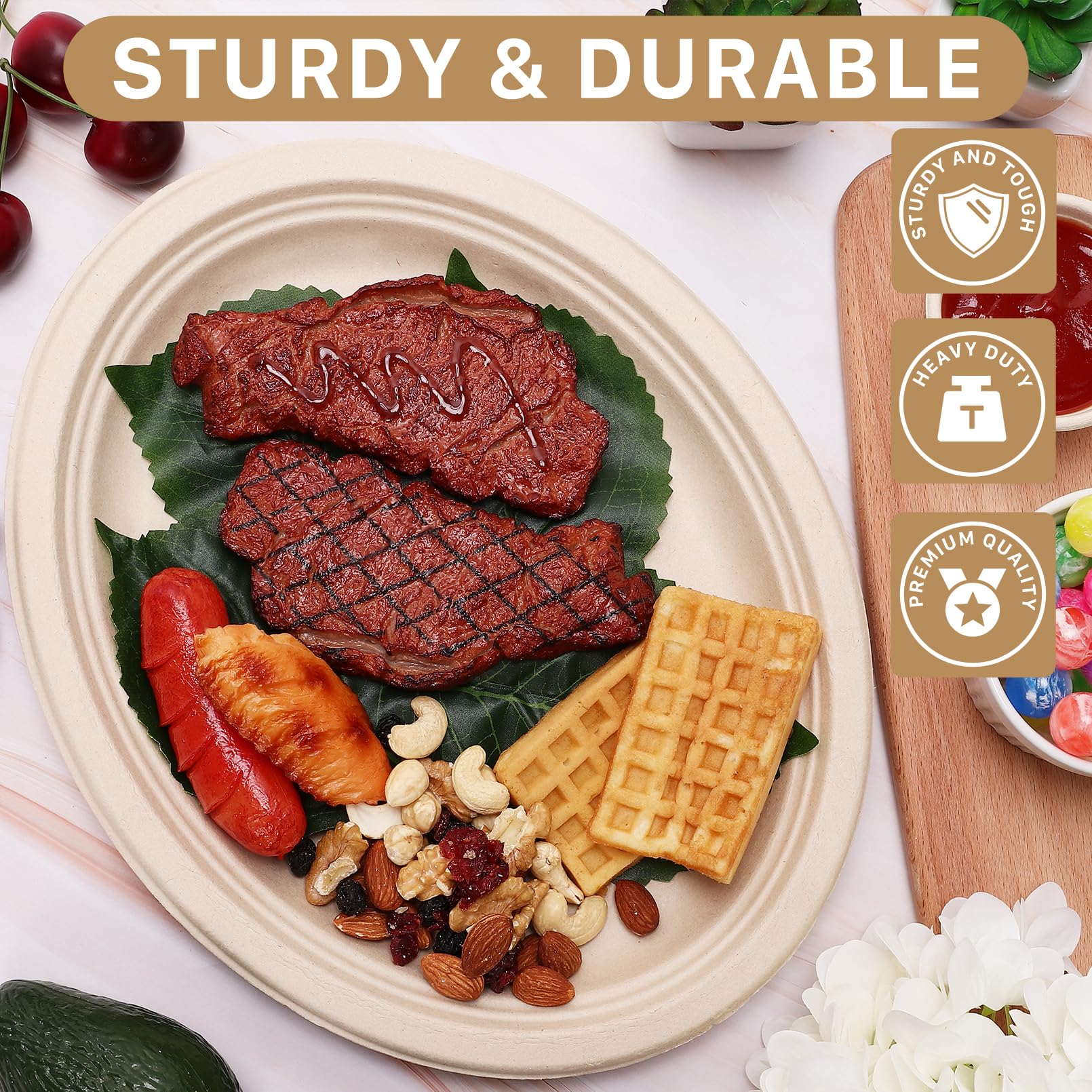 IJRPLM 50 Pack Oval Paper Plates, 12 Inch Disposable Paper Plates Heavy Duty,Compostable Oval Plate, Natural Bagasse Sugarcane Plate for BBQ Party