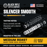 Black Rifle Coffee Company Silencer Smooth, 12oz Bag, Whole Bean Light Roast - Roasted Blend Made from Arabica Beans - Colombian & Brazilian Beans