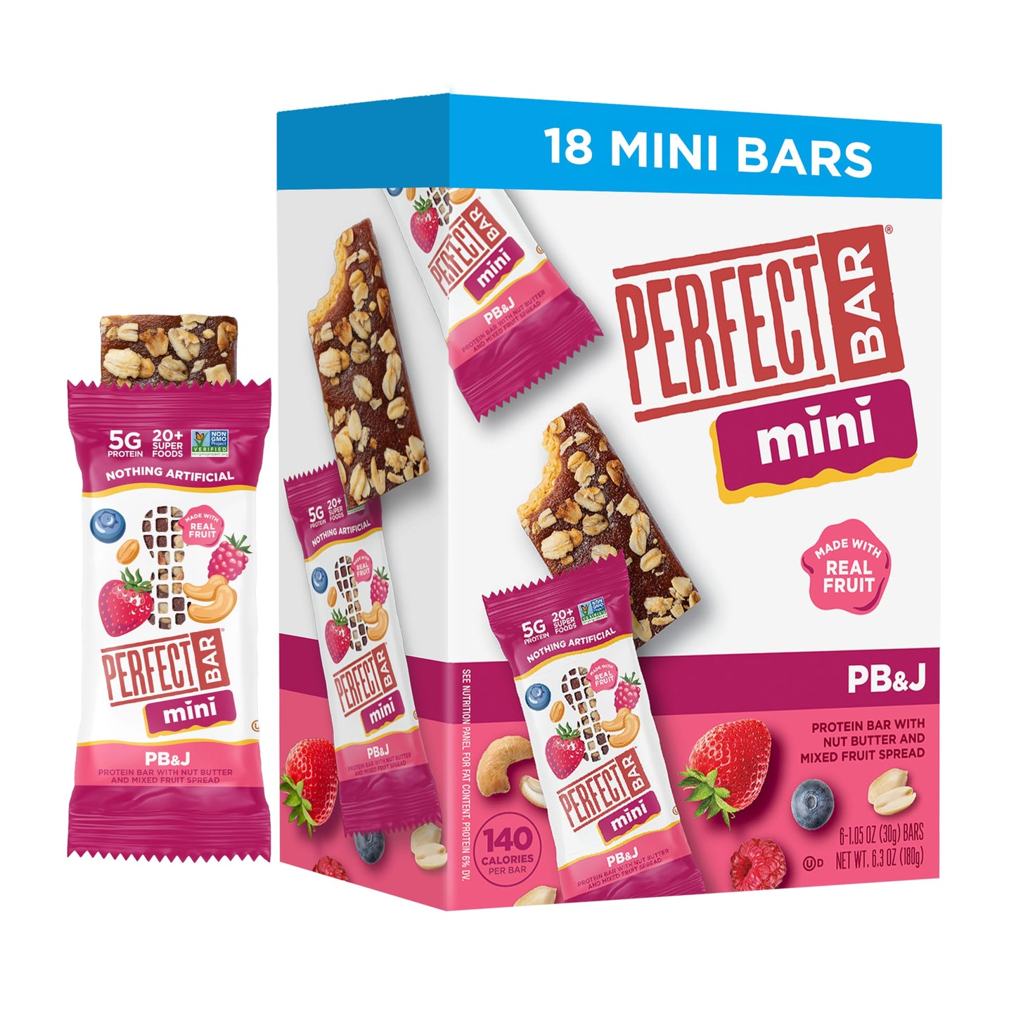 Perfect Bar Mini Protein Bars, PB&J, Gluten Free, Made with Organic Honey, Peanut Butter, Real Fruit, Cookie Dough Texture, Refrigerated, 18 Count