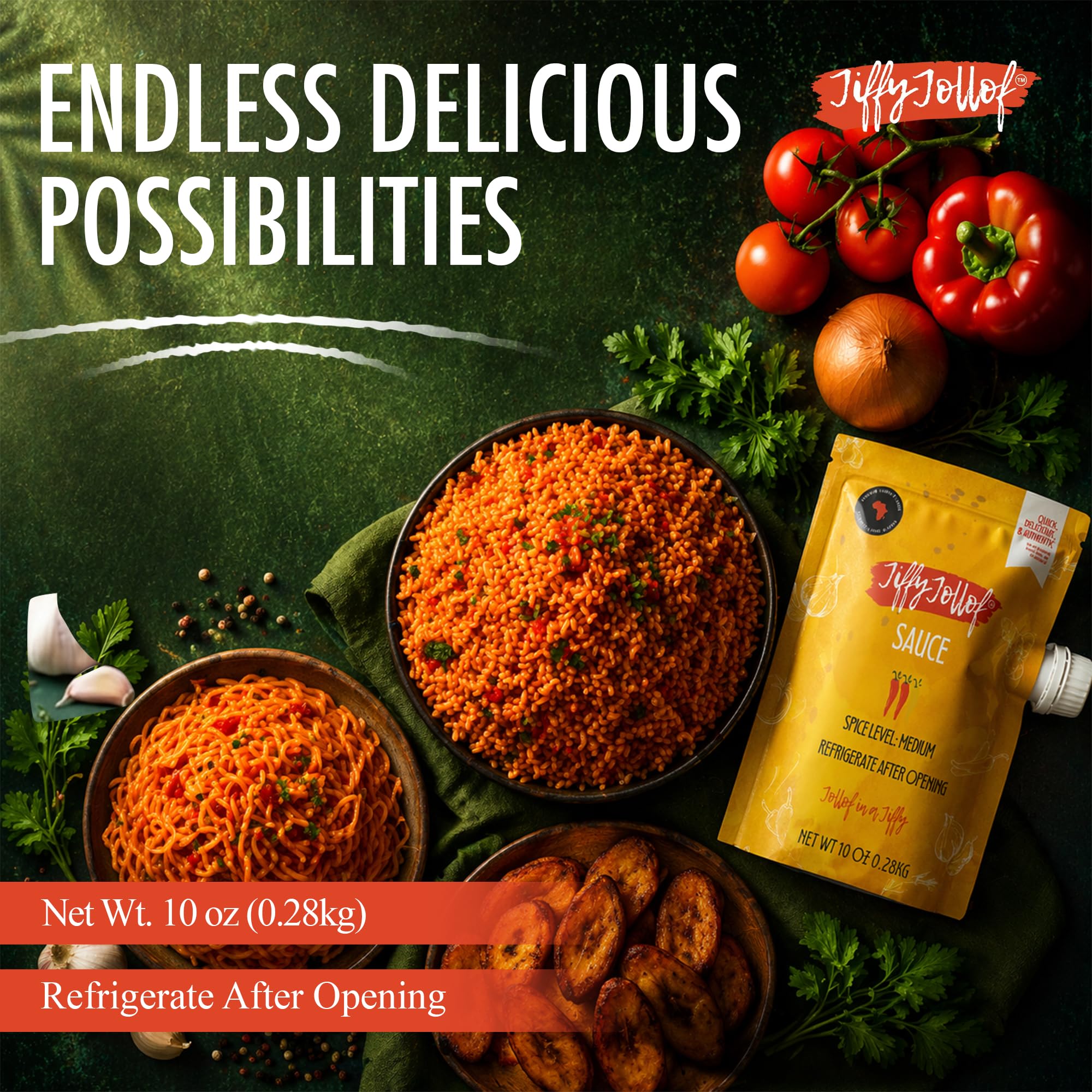 Jiffy Jollof Sauce, Authentic Nigerian Tomato Pepper Blend for One-Pot Meals, Spicy Pasta, Roasted Bell Pepper Stew, Hot Cooking Sauce, 10oz Food