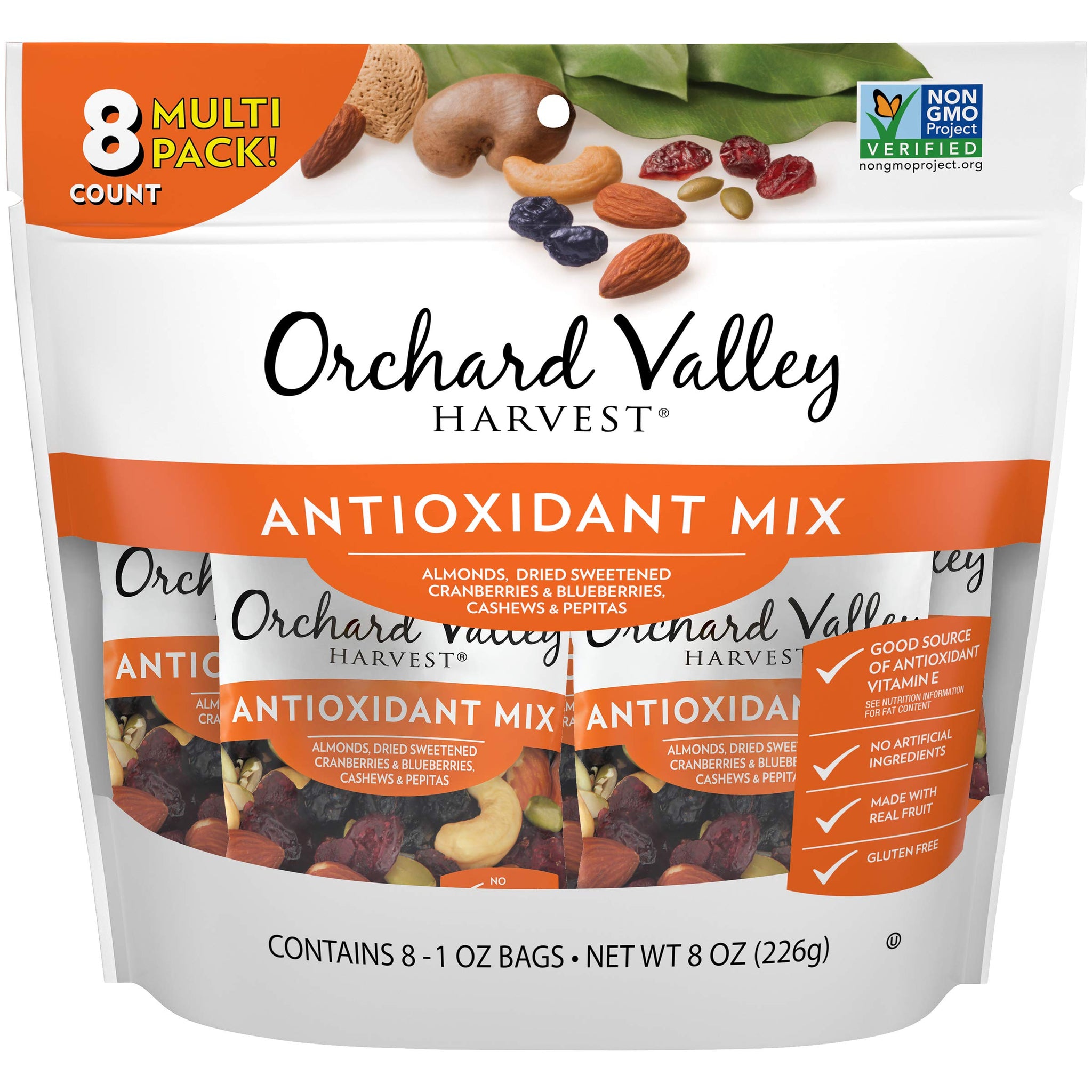 Orchard Valley Harvest Antioxidant Mix, 1 Ounce Bags (Pack of 8), Almonds, Cranberries, Blueberries, Cashews, and Pepitas, Non-GMO, No Artificial