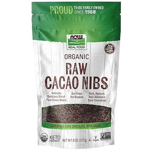 NOW Foods, Organic Raw Cacao Nibs, Rich, Pure Cacao Bean Bits, Dark Chocolate Flavor, Certified Non-GMO 8-Ounce (Packaging May Vary)