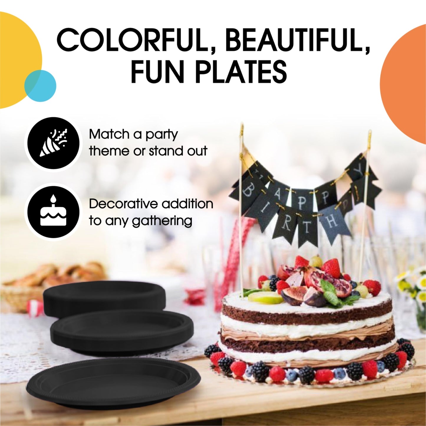 Exquisite Party Solids Black Plastic Plates For Party 9" Black Disposable Plates 50 Pcs Plastic Dinnerware Sets Heavy Duty 350 GSM Disposable