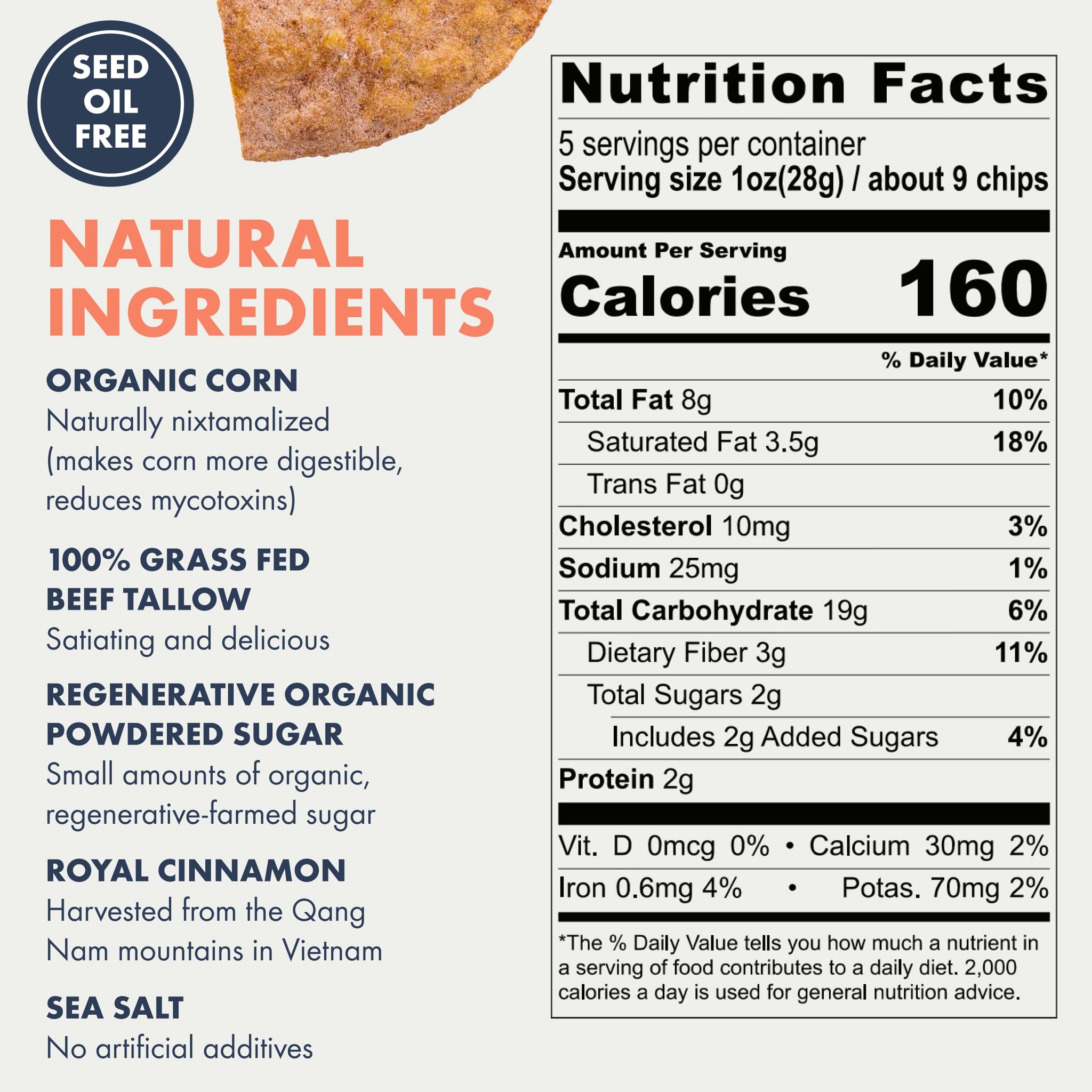 MASA Chips Churro Flavored Corn Tortilla Chips Cooked in Beef Tallow - Seed Oil Free Snack, 2pk×5 oz each- Handmade with Only Naturally Grown Corn