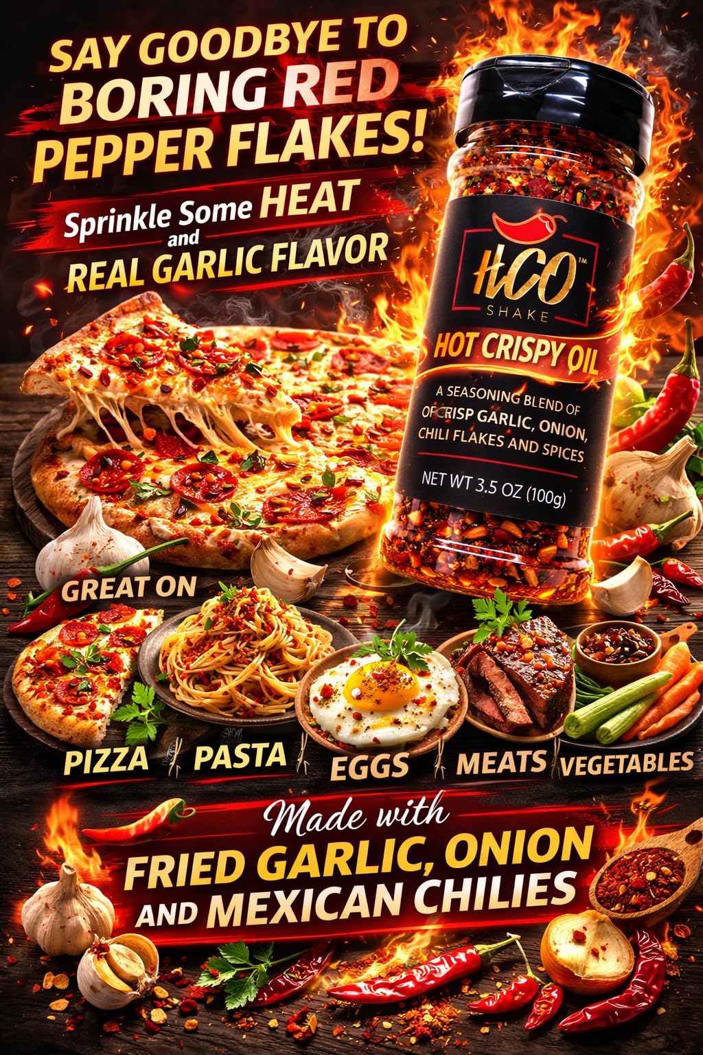 HCO Shake by Hot Crispy Oil | Say Good-Bye to Boring Red Pepper Flakes! An All-Purpose Seasoning Blend of Crisp Garlic, Onion, Chili Pepper Flakes